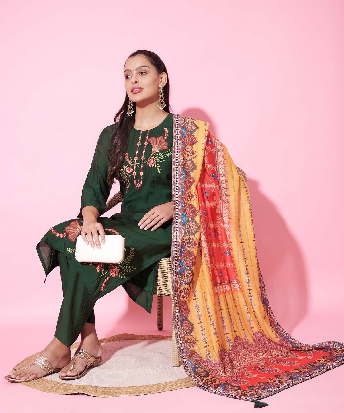 Label Khoj Women Silk Blend and embroidery Kurta with Trousers & Dupatta