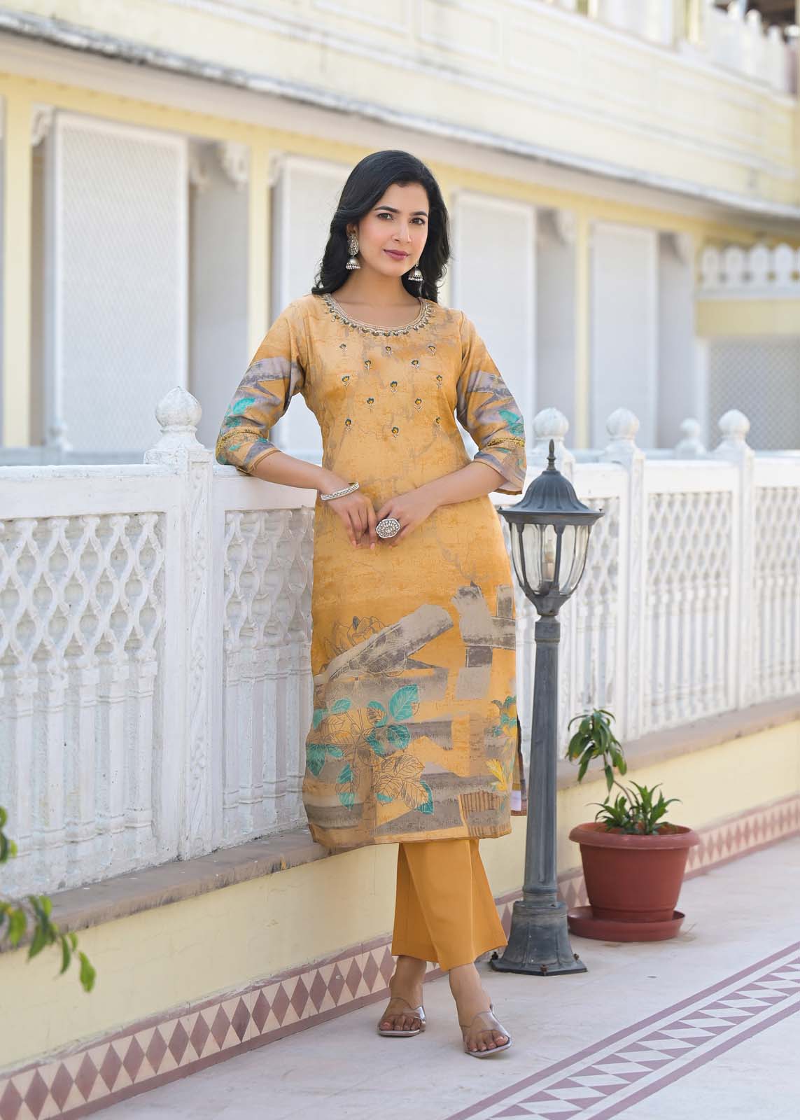 Label Khoj Women Lilen print kurta, trouser and dupptta set