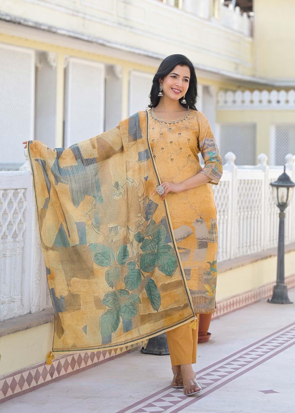 Label Khoj Women Lilen print kurta, trouser and dupptta set