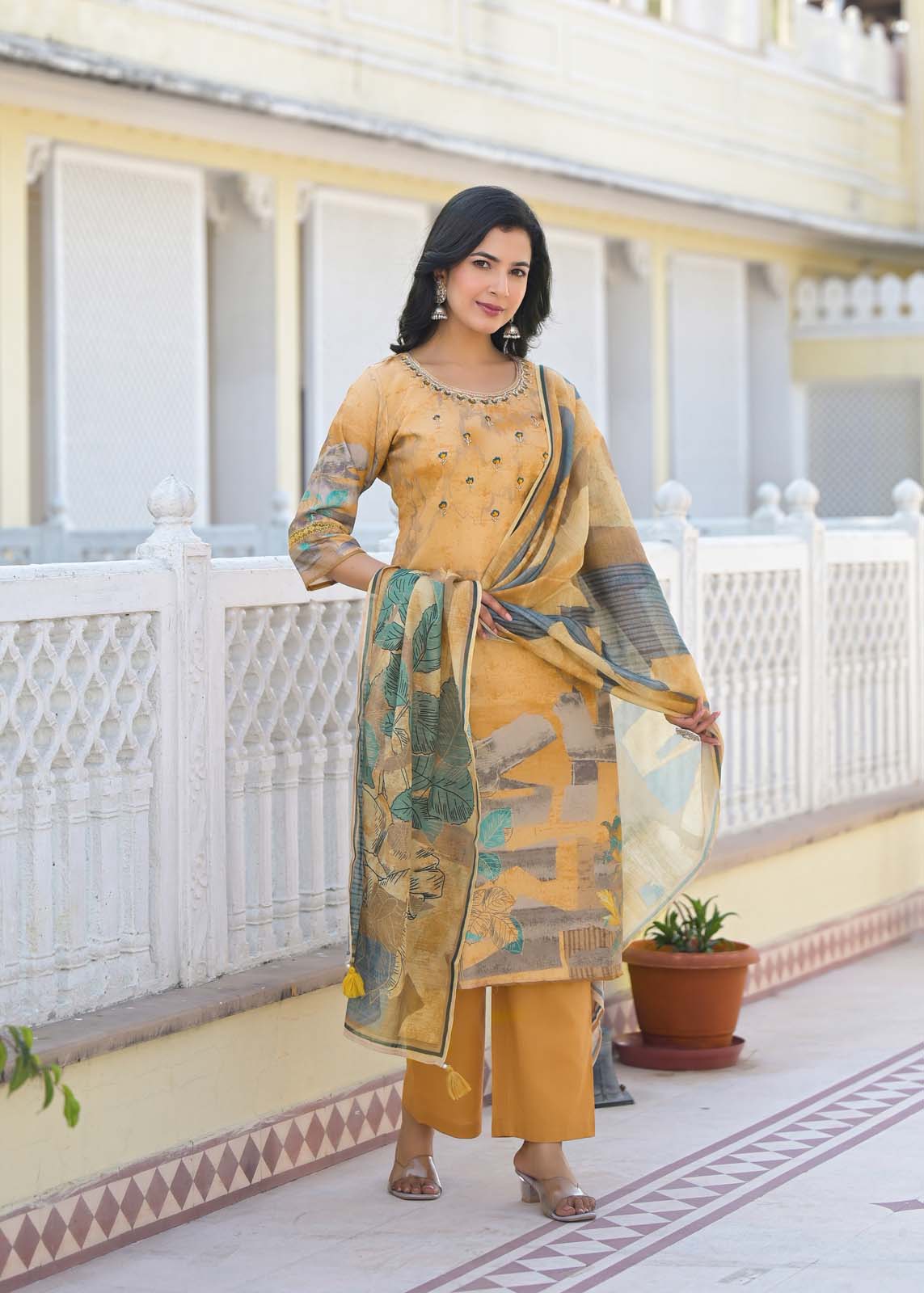 Label Khoj Women Lilen print kurta, trouser and dupptta set