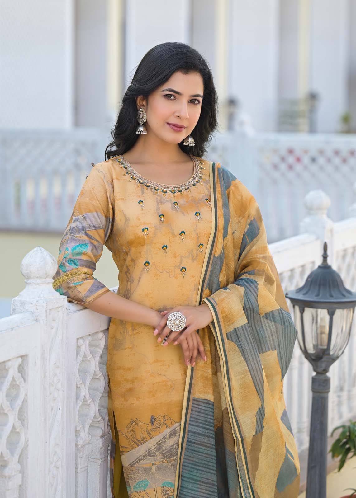 Label Khoj Women Lilen print kurta, trouser and dupptta set
