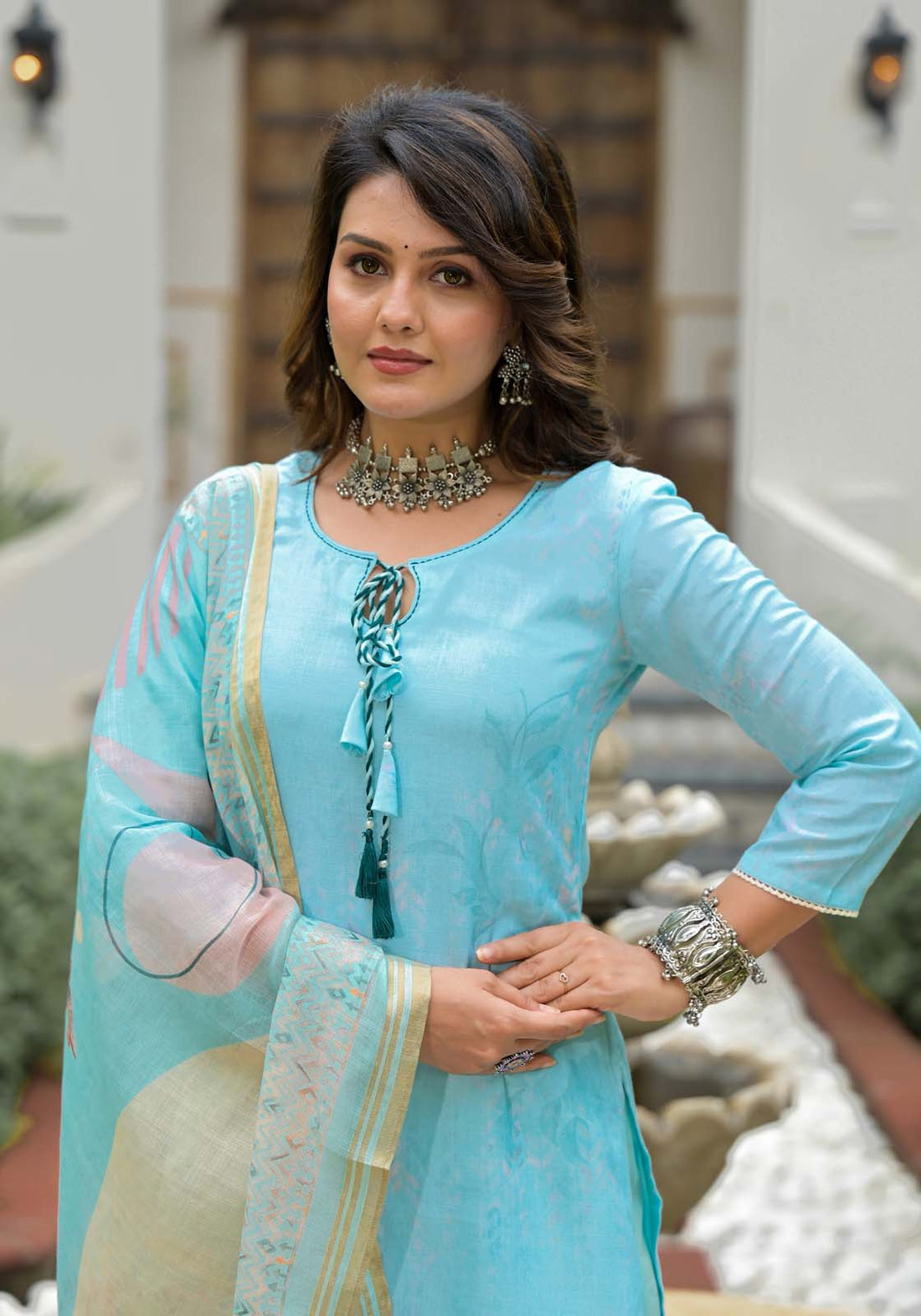Label Khoj Women Lilen print kurta, trouser and dupptta set