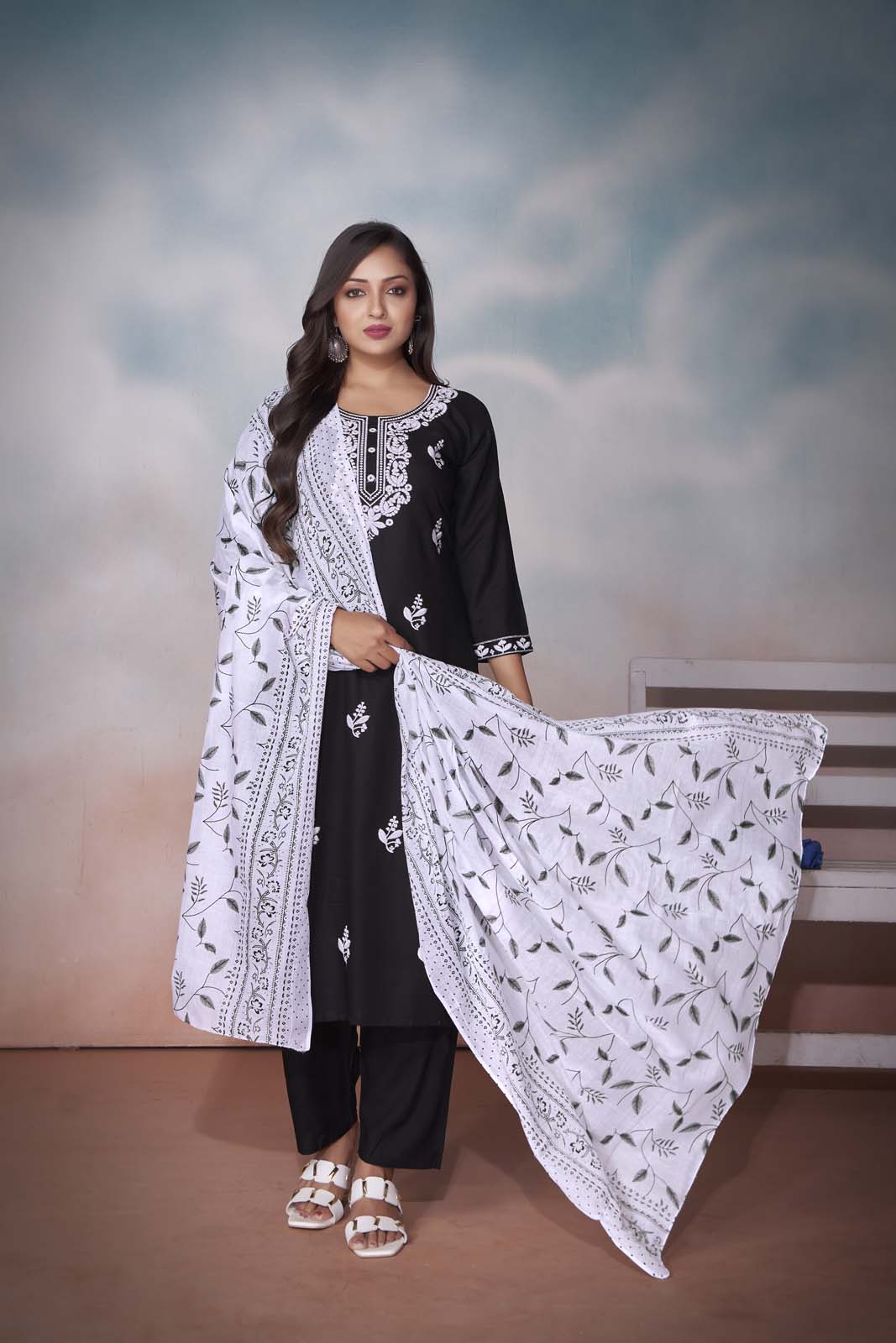 Label Khoj Women  heavy embroidery kurta trouser and Printed dupptta set