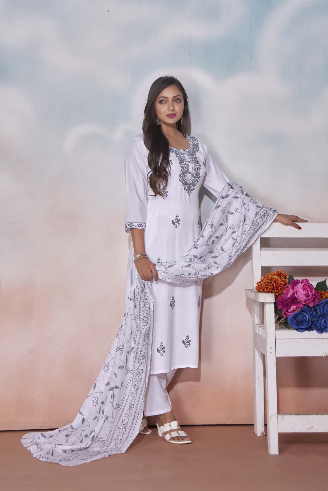Label Khoj Women  heavy embroidery kurta trouser and Printed dupptta set