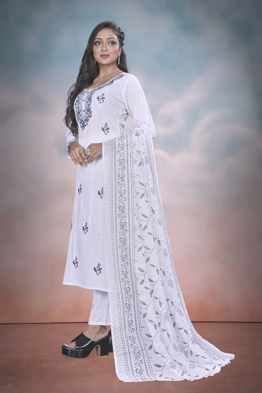 Label Khoj Women  heavy embroidery kurta trouser and Printed dupptta set