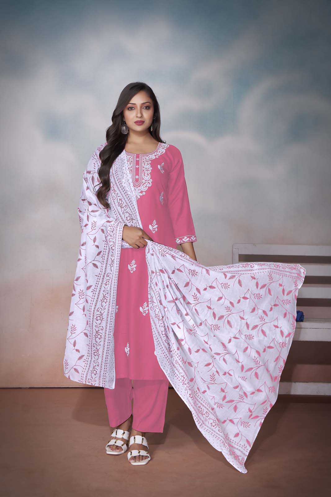 Label Khoj Women  heavy embroidery kurta trouser and Printed dupptta set