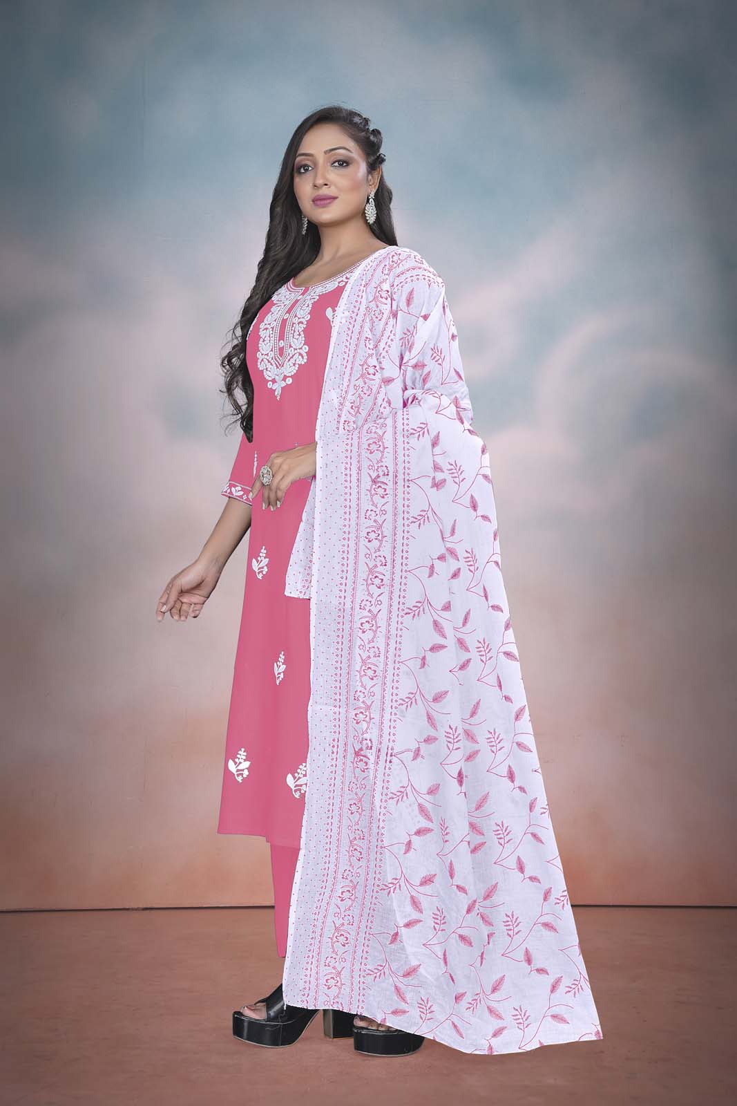 Label Khoj Women  heavy embroidery kurta trouser and Printed dupptta set