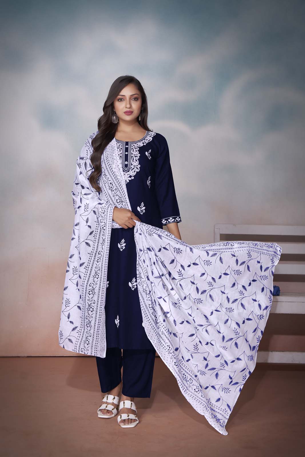 Label Khoj Women  heavy embroidery kurta trouser and Printed dupptta set