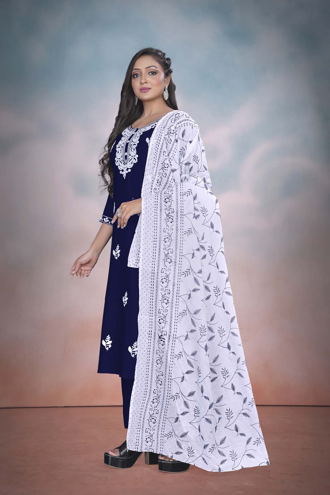 Label Khoj Women  heavy embroidery kurta trouser and Printed dupptta set