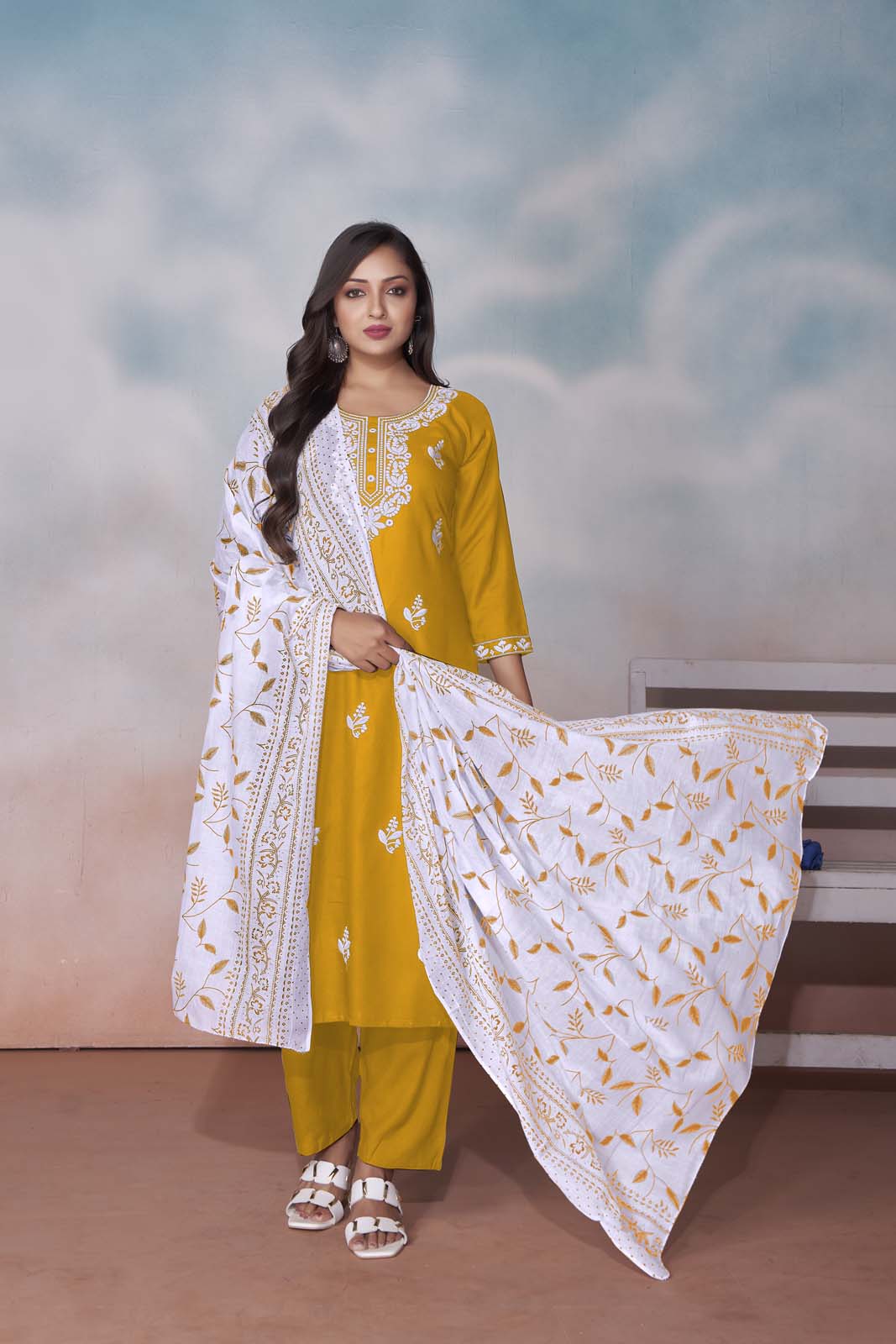 Label Khoj Women  heavy embroidery kurta trouser and Printed dupptta set