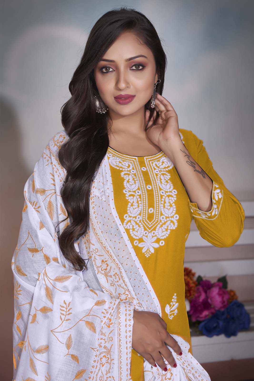 Label Khoj Women  heavy embroidery kurta trouser and Printed dupptta set
