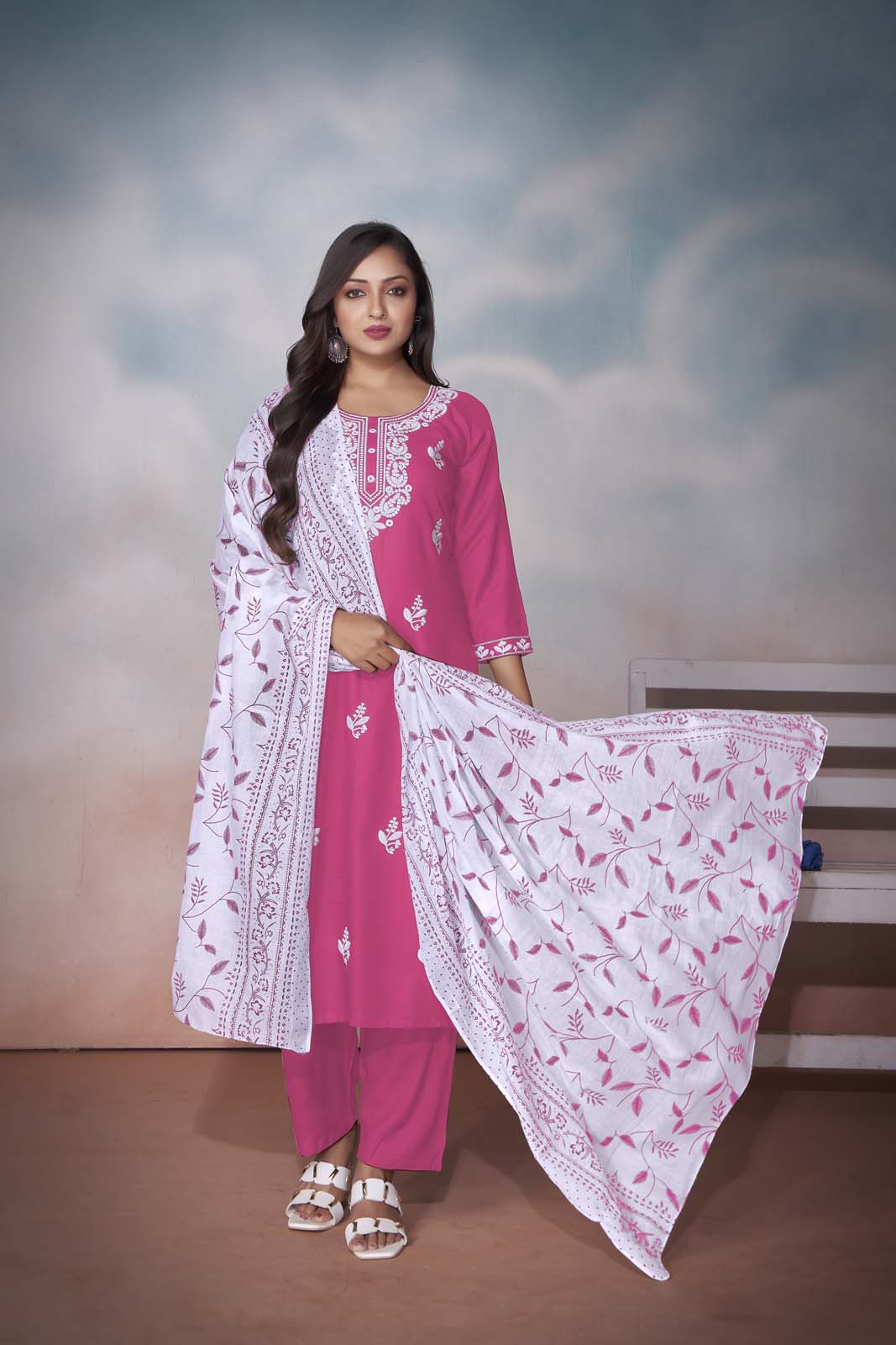 Label Khoj Women  heavy embroidery kurta trouser and Printed dupptta set