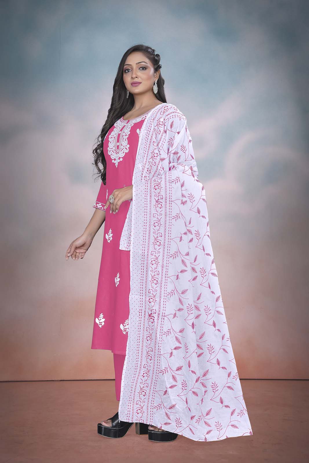 Label Khoj Women  heavy embroidery kurta trouser and Printed dupptta set