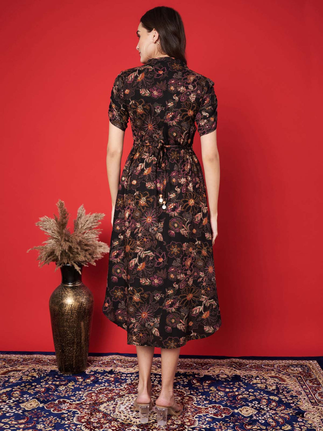 Label Khoj Women's Blue Rayon Floral Printed Midi Dress