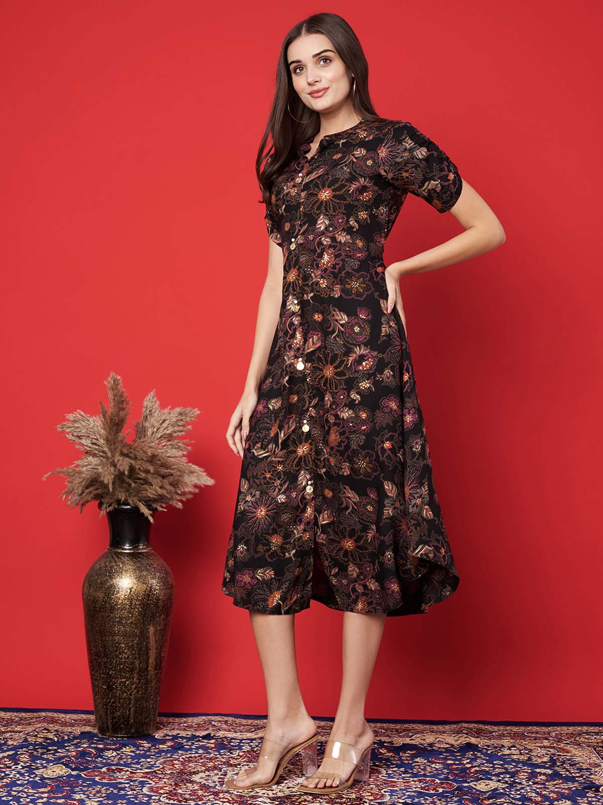 Label Khoj Women's Blue Rayon Floral Printed Midi Dress