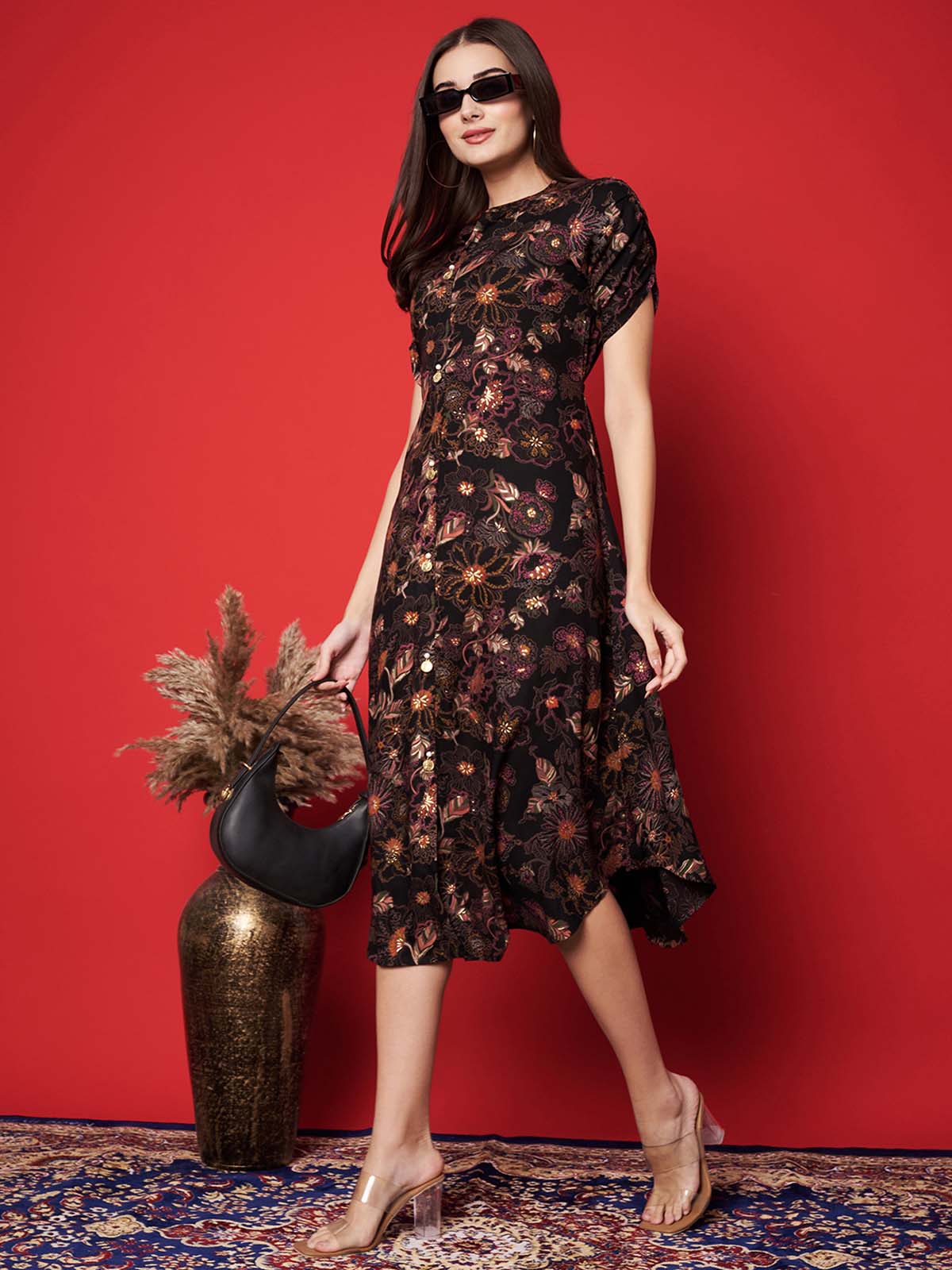 Label Khoj Women's Blue Rayon Floral Printed Midi Dress
