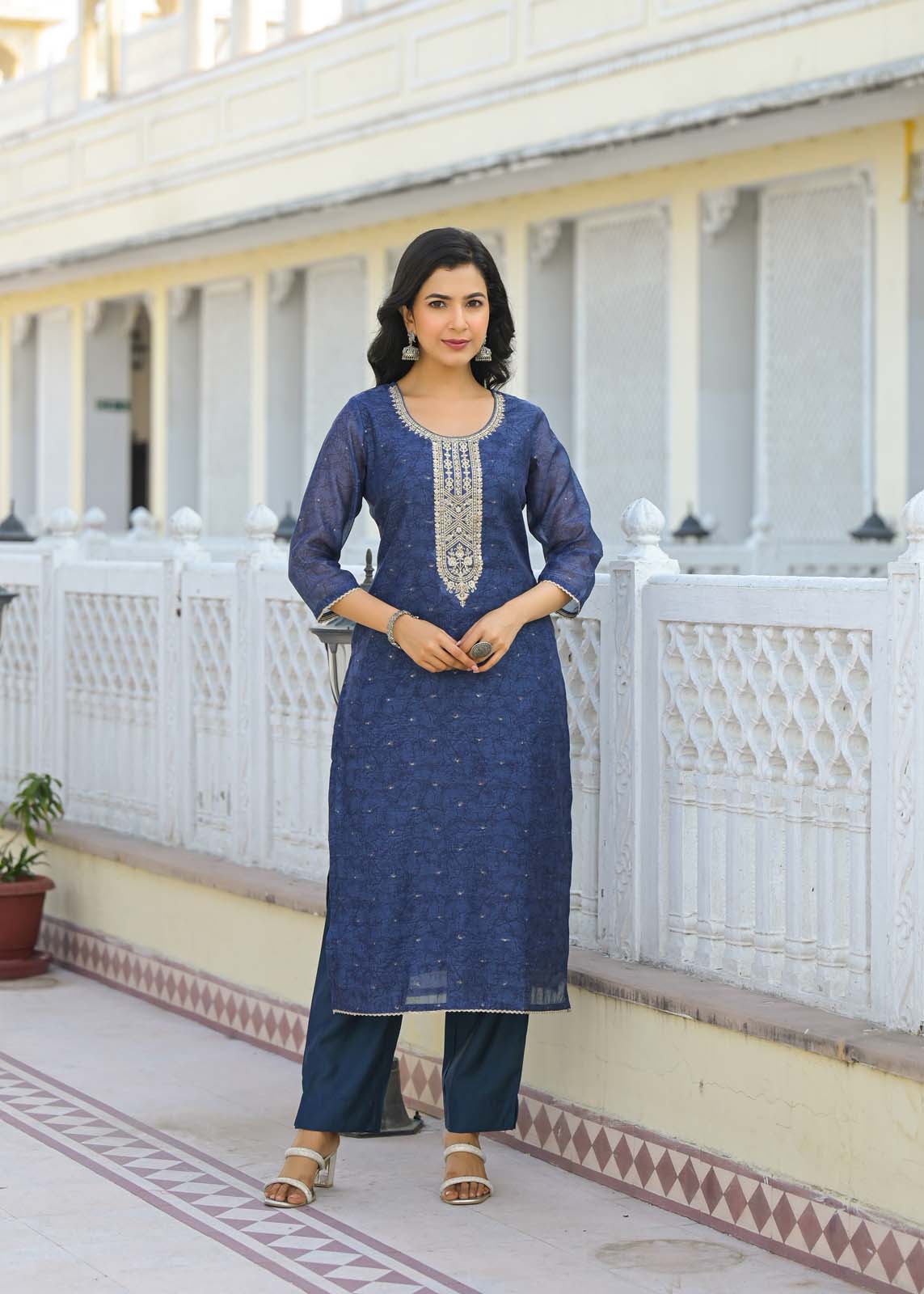 Label Khoj Women Chanderi kurta, trouser and dupptta set