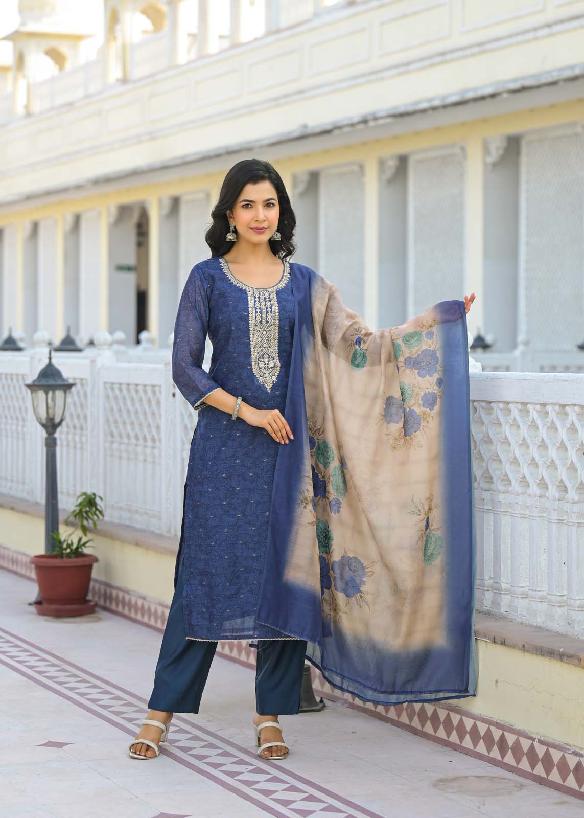 Label Khoj Women Chanderi kurta, trouser and dupptta set