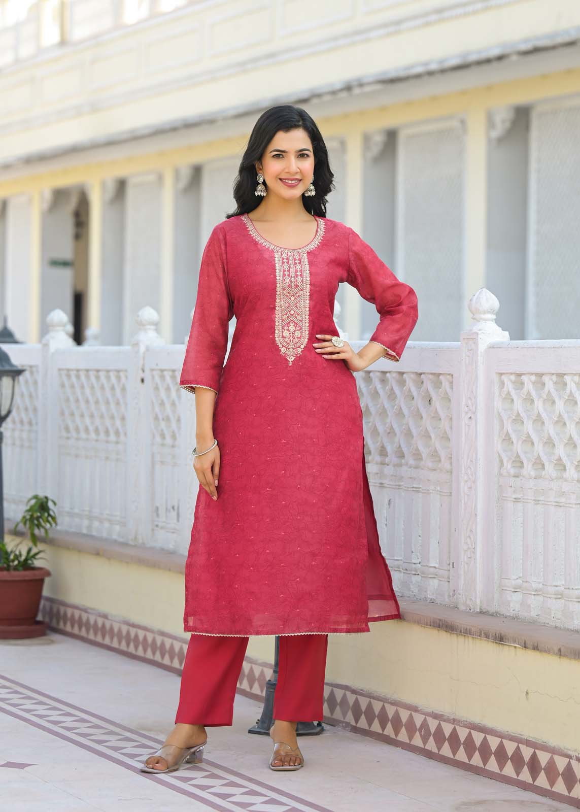 Label Khoj Women Chanderi kurta, trouser and dupptta set