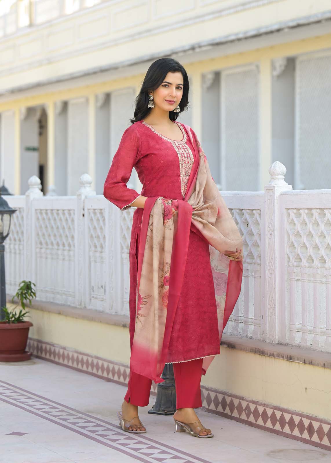 Label Khoj Women Chanderi kurta, trouser and dupptta set