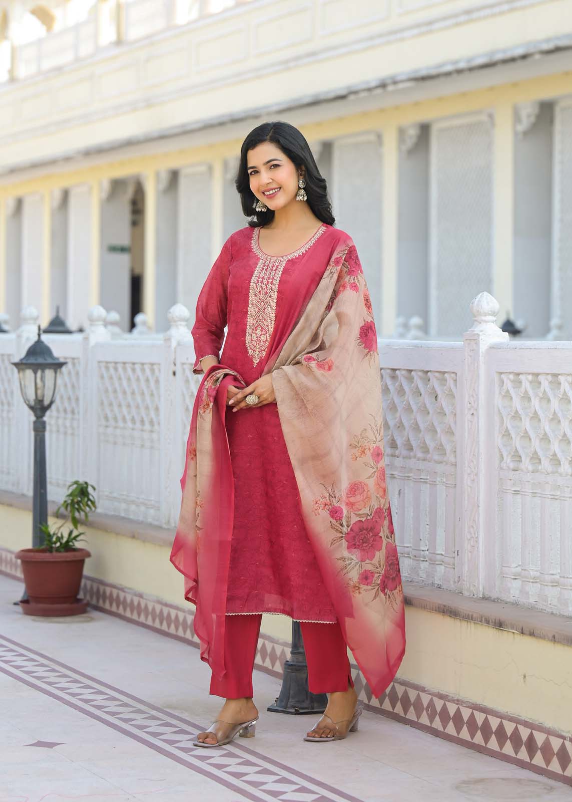 Label Khoj Women Chanderi kurta, trouser and dupptta set