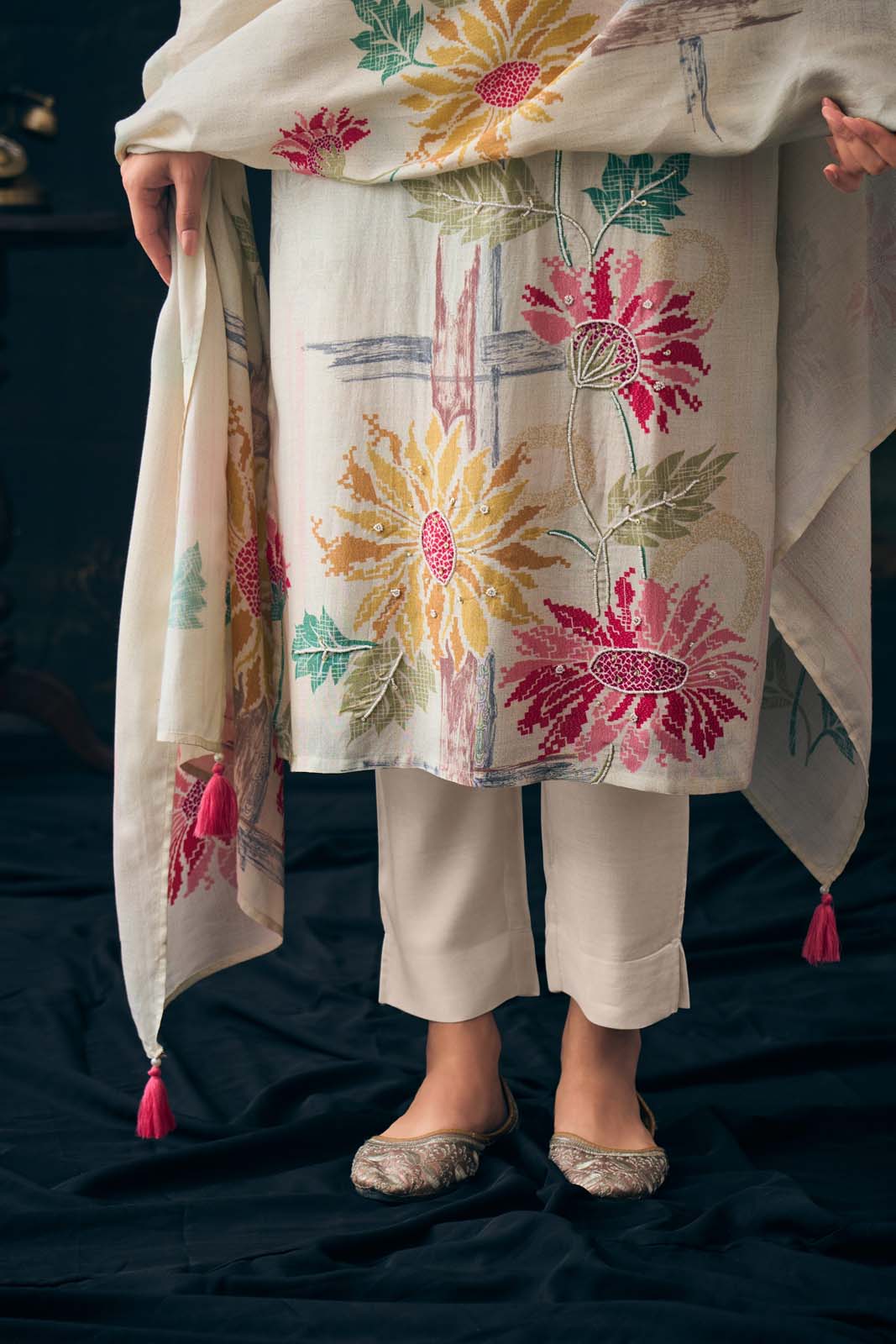 label khoj Pure viscose Maslin shimmer with heavy hand work kurta set