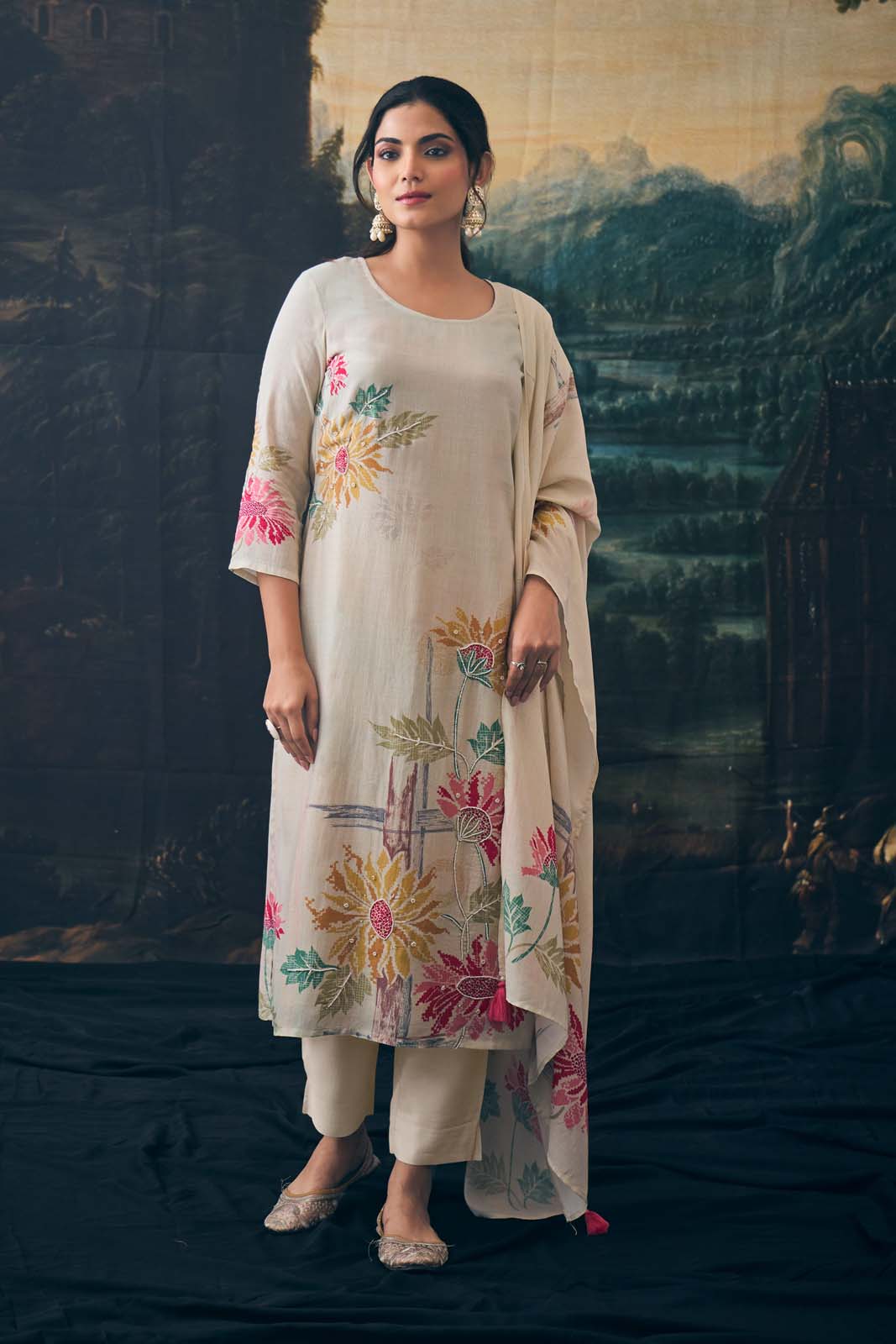 label khoj Pure viscose Maslin shimmer with heavy hand work kurta set