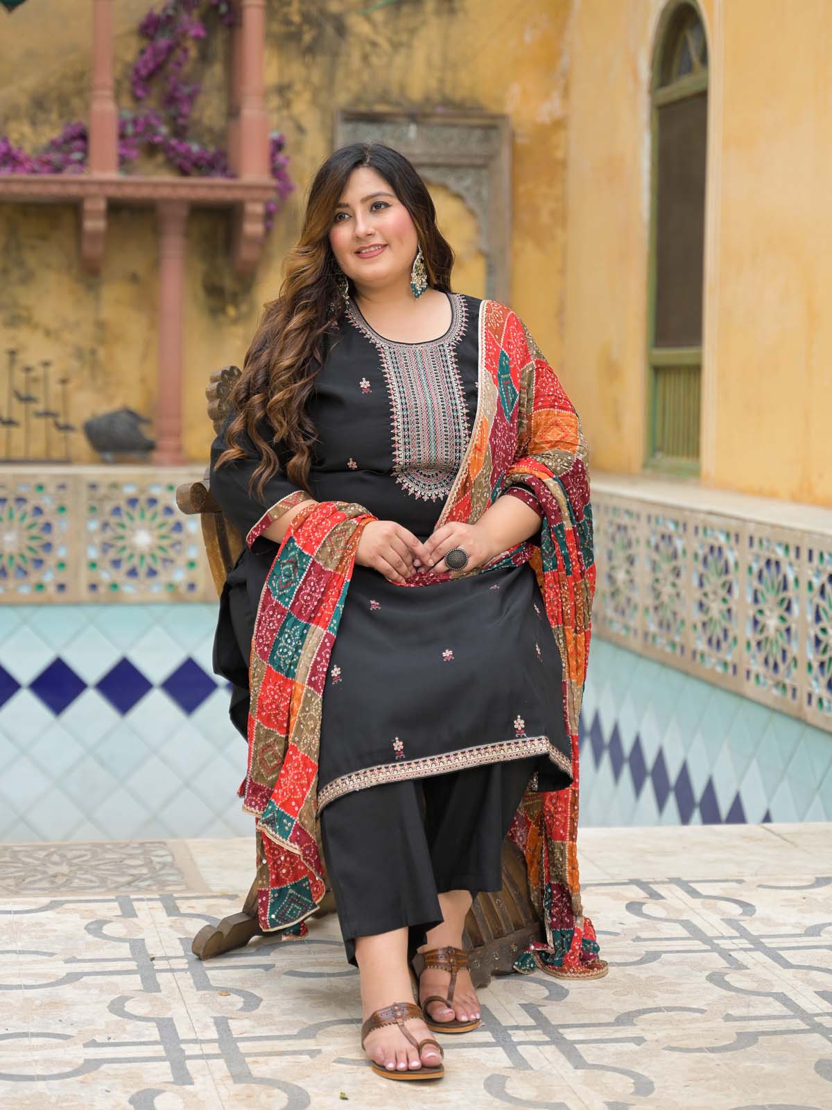 Label khoj Silk top with heavy embroidery and Pure cotton lining kurta set BLACK Color