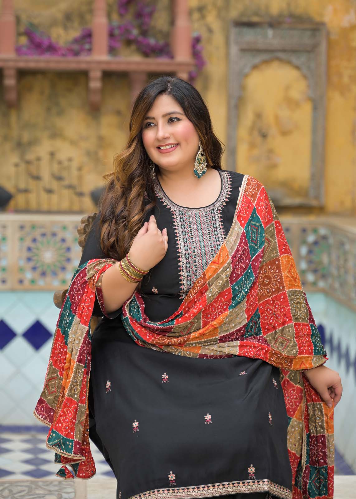 Label khoj Silk top with heavy embroidery and Pure cotton lining kurta set BLACK Color