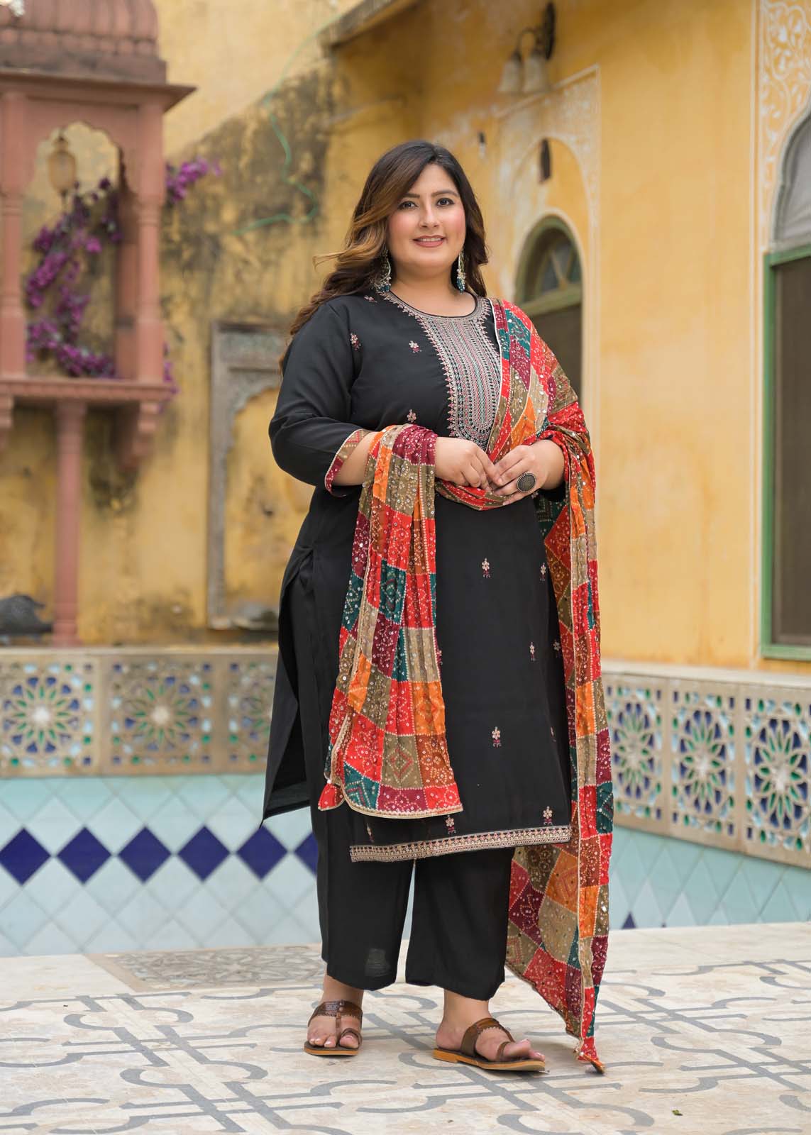 Label khoj Silk top with heavy embroidery and Pure cotton lining kurta set BLACK Color