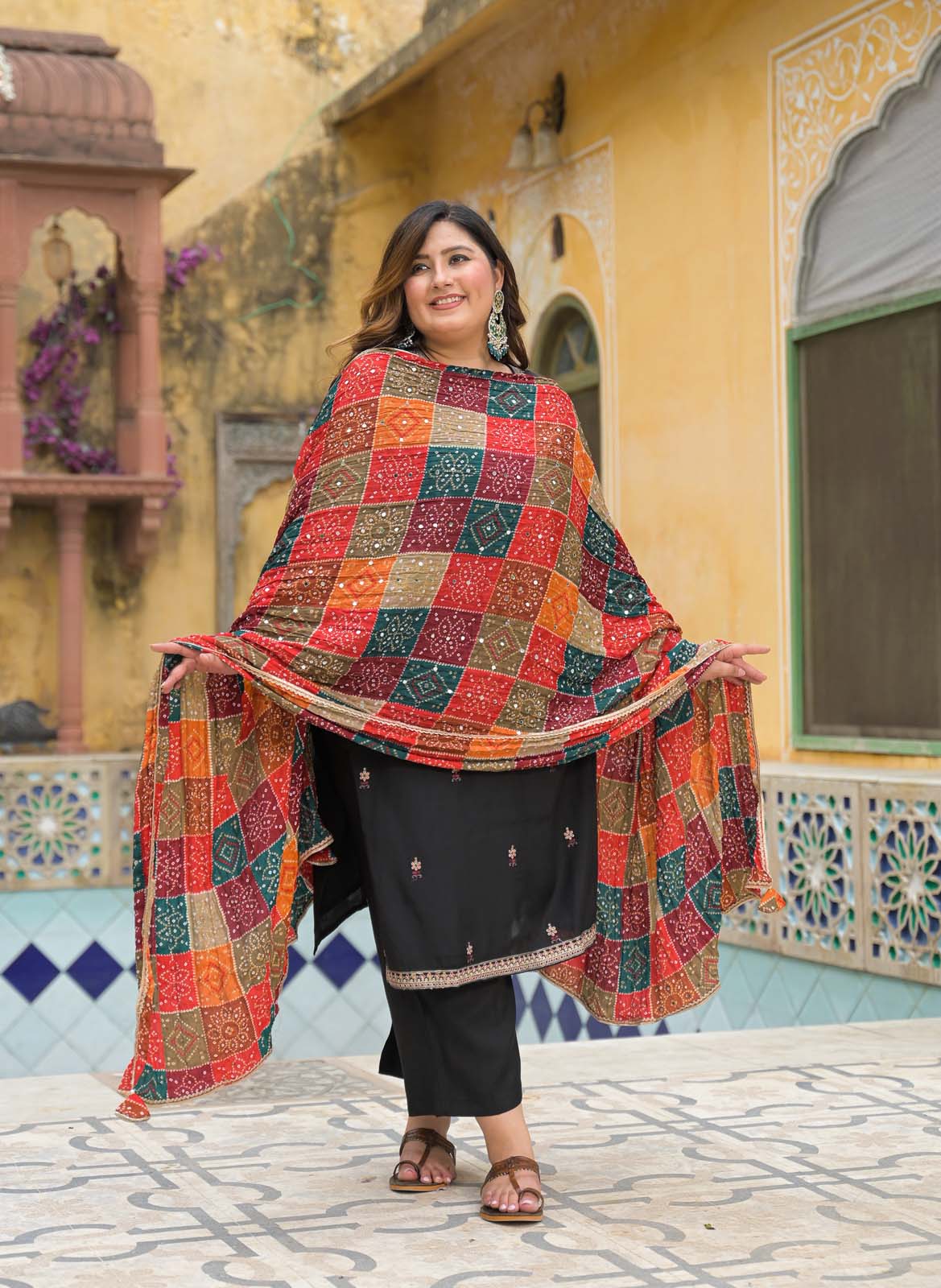 Label khoj Silk top with heavy embroidery and Pure cotton lining kurta set BLACK Color