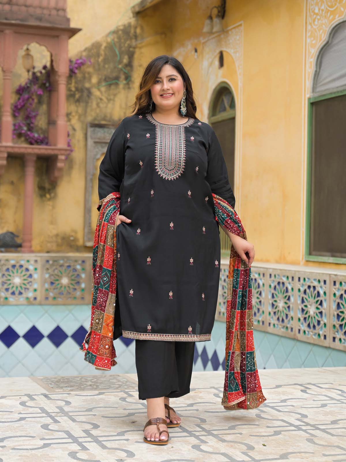 Label khoj Silk top with heavy embroidery and Pure cotton lining kurta set BLACK Color