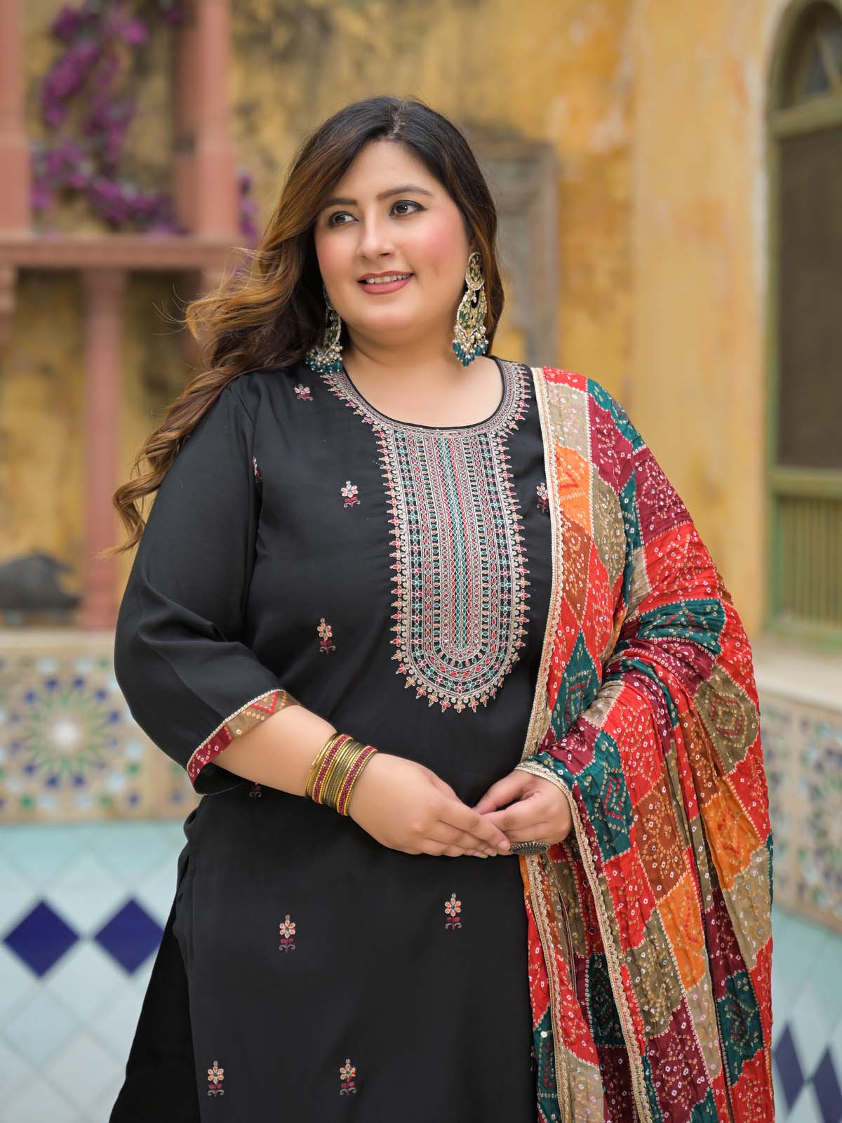 Label khoj Silk top with heavy embroidery and Pure cotton lining kurta set BLACK Color