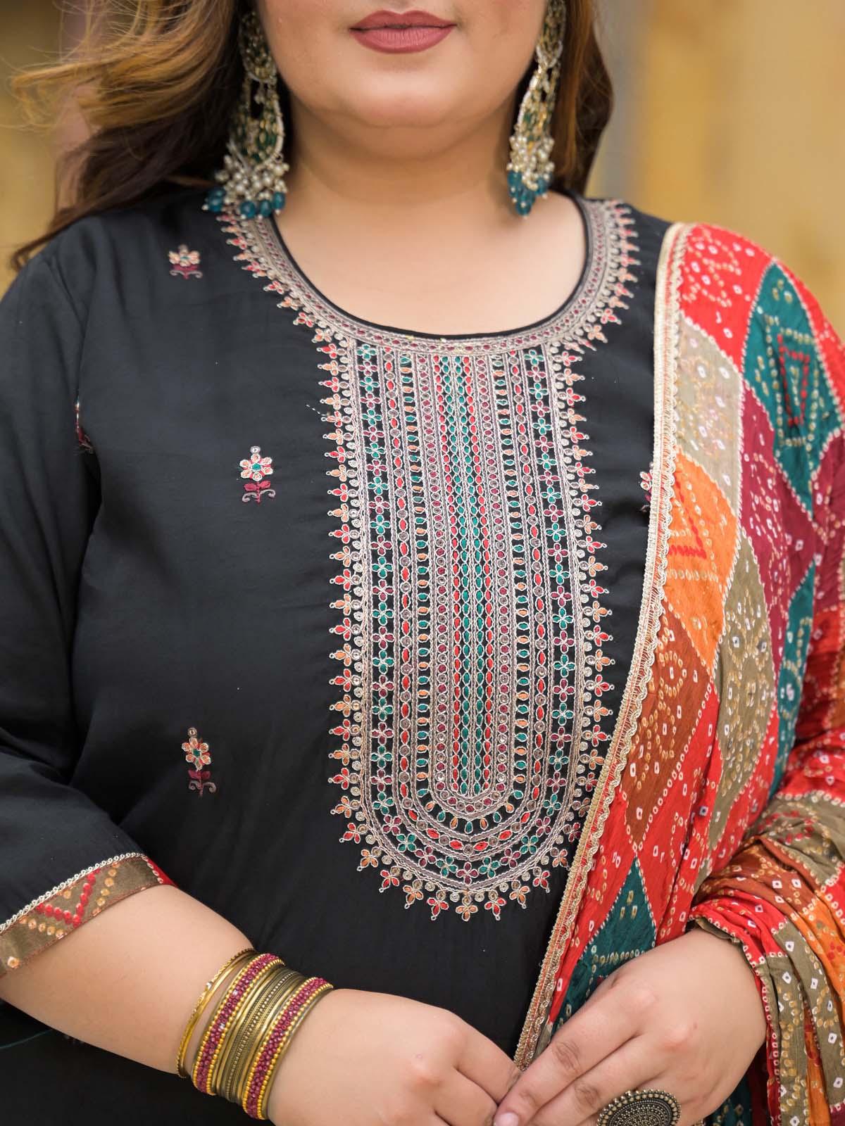 Label khoj Silk top with heavy embroidery and Pure cotton lining kurta set BLACK Color