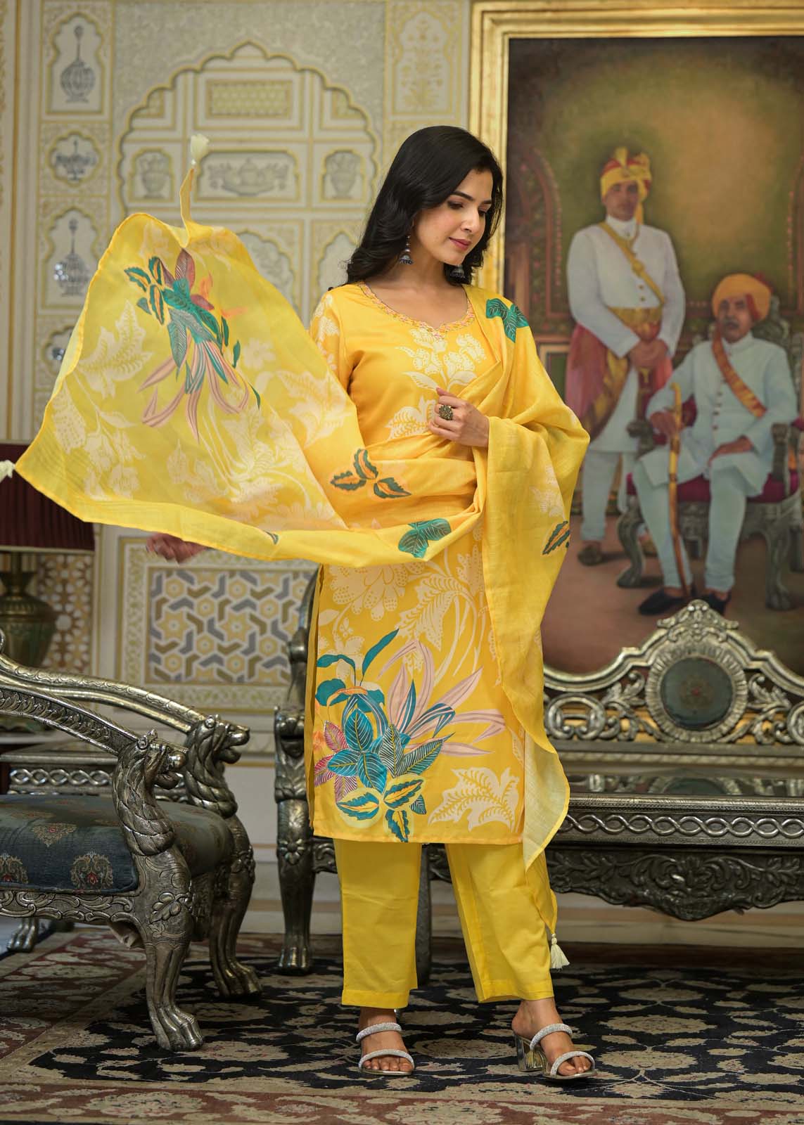 Label Khoj Women Chanderi kurta, trouser and dupptta set