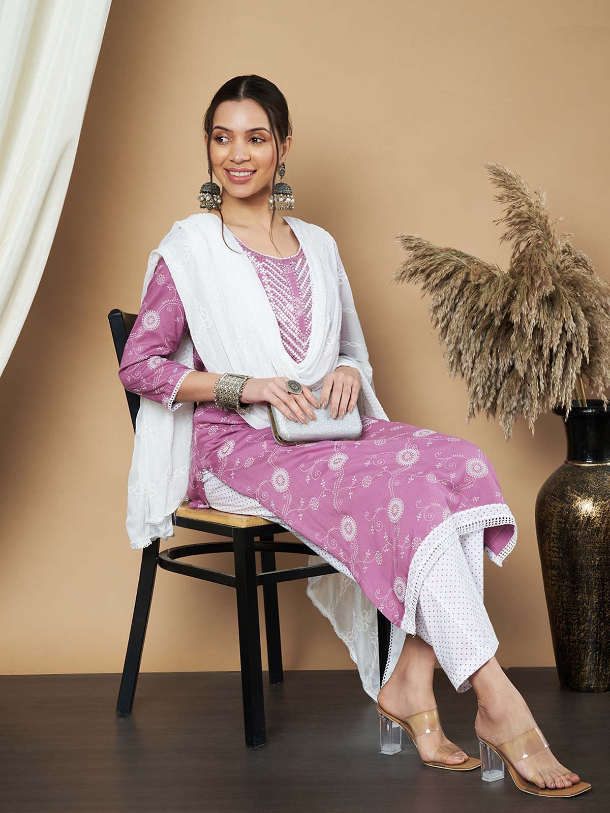 Label Khoj Ethnic Motifs Printed Sequins Embroidered Work Kurta,Trouser With  dupptta