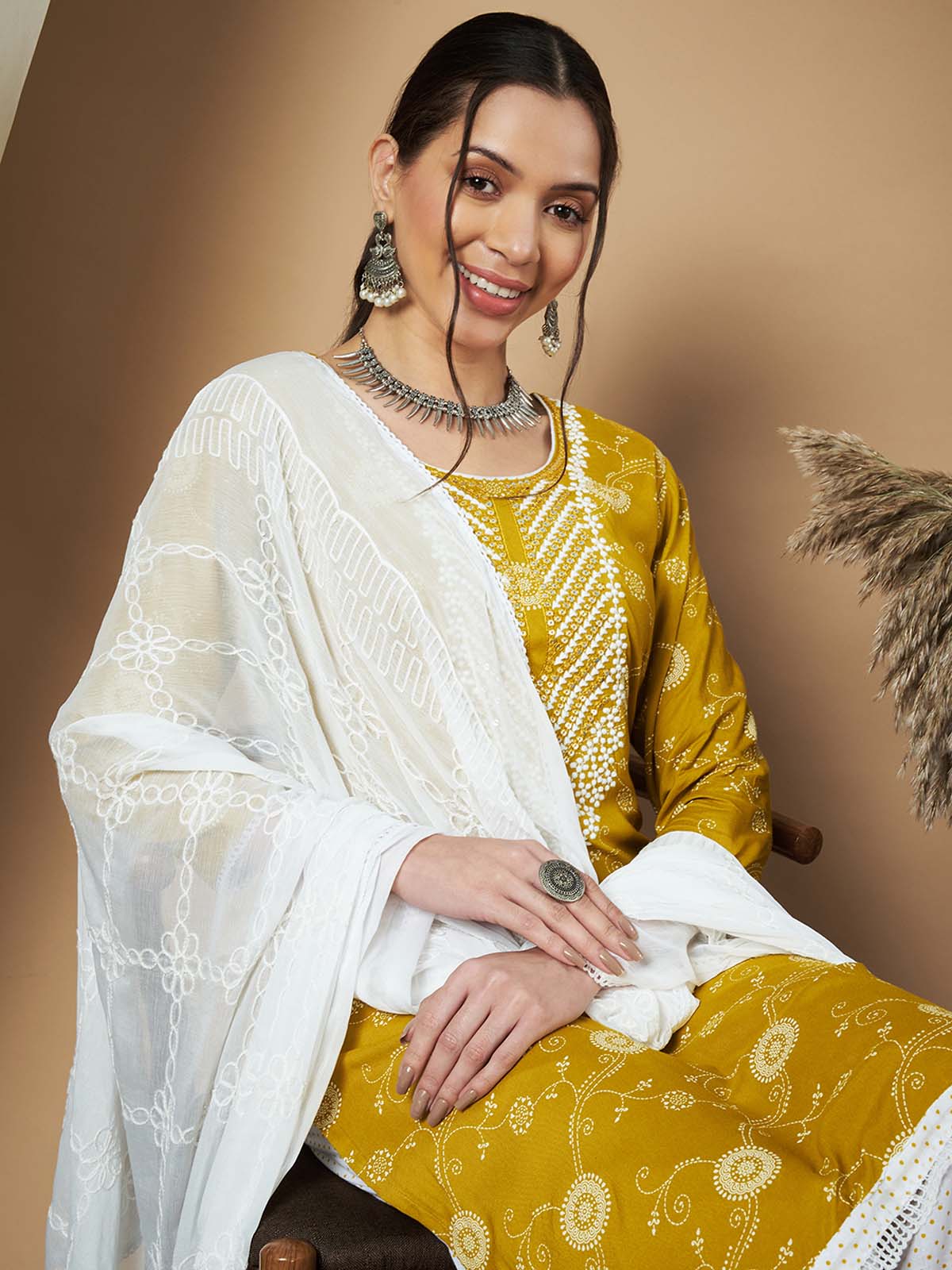 Label Khoj Ethnic Motifs Printed Sequins Embroidered Work Kurta,Trouser With  dupptta