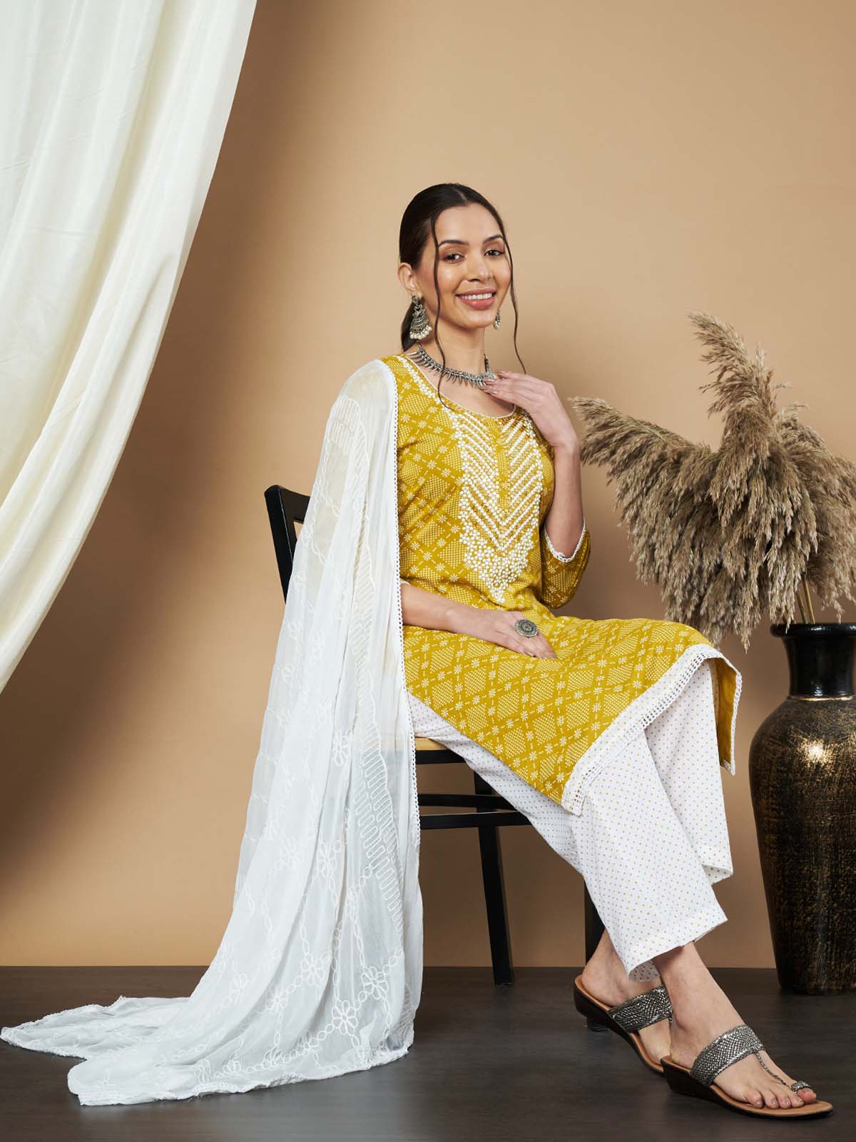 Label Khoj Ethnic Motifs Printed Sequins Embroidered Work Kurta,Trouser With  dupptta