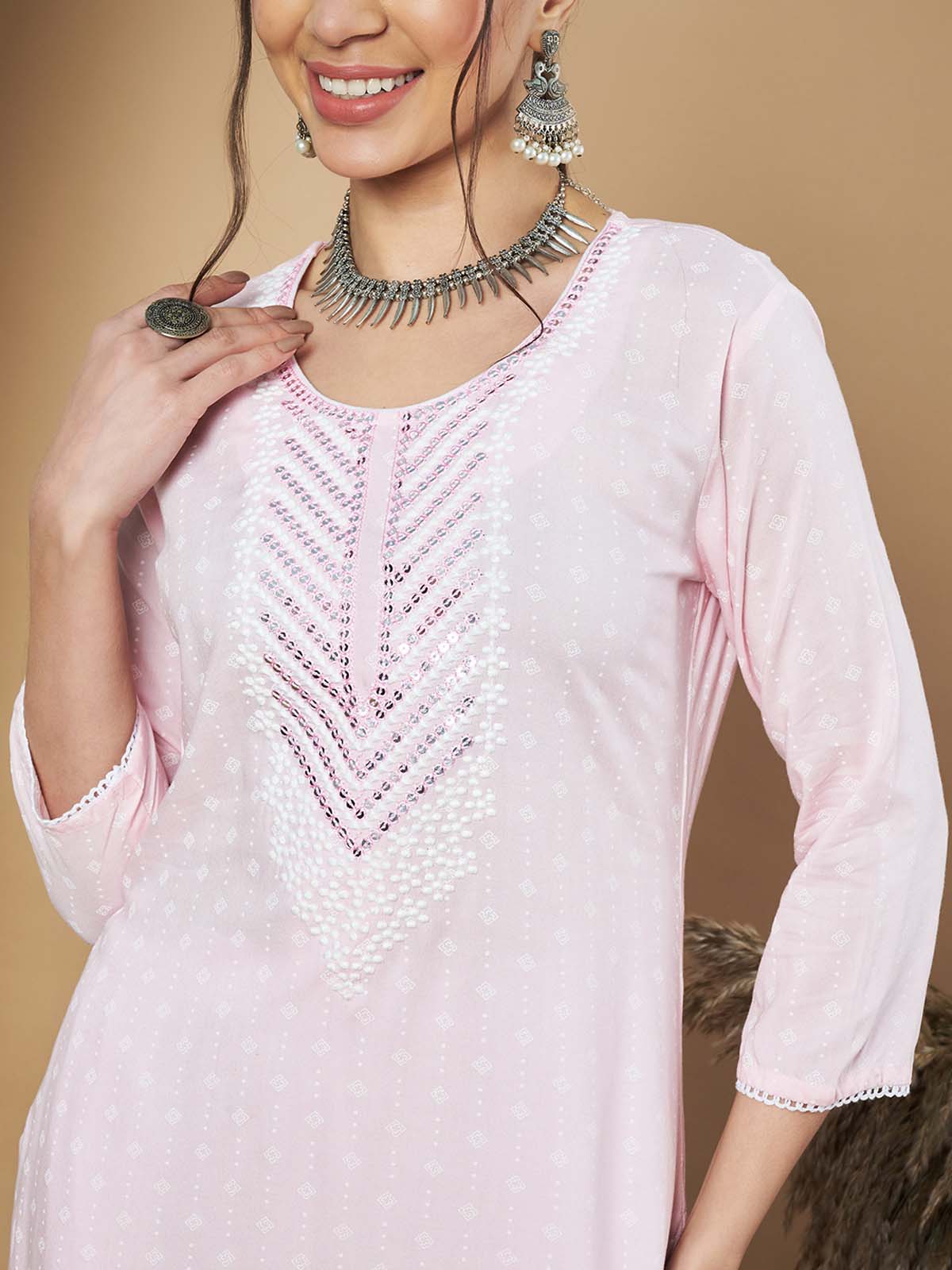 Label Khoj Ethnic Motifs Printed Sequins Embroidered Work Kurta,Trouser With  dupptta