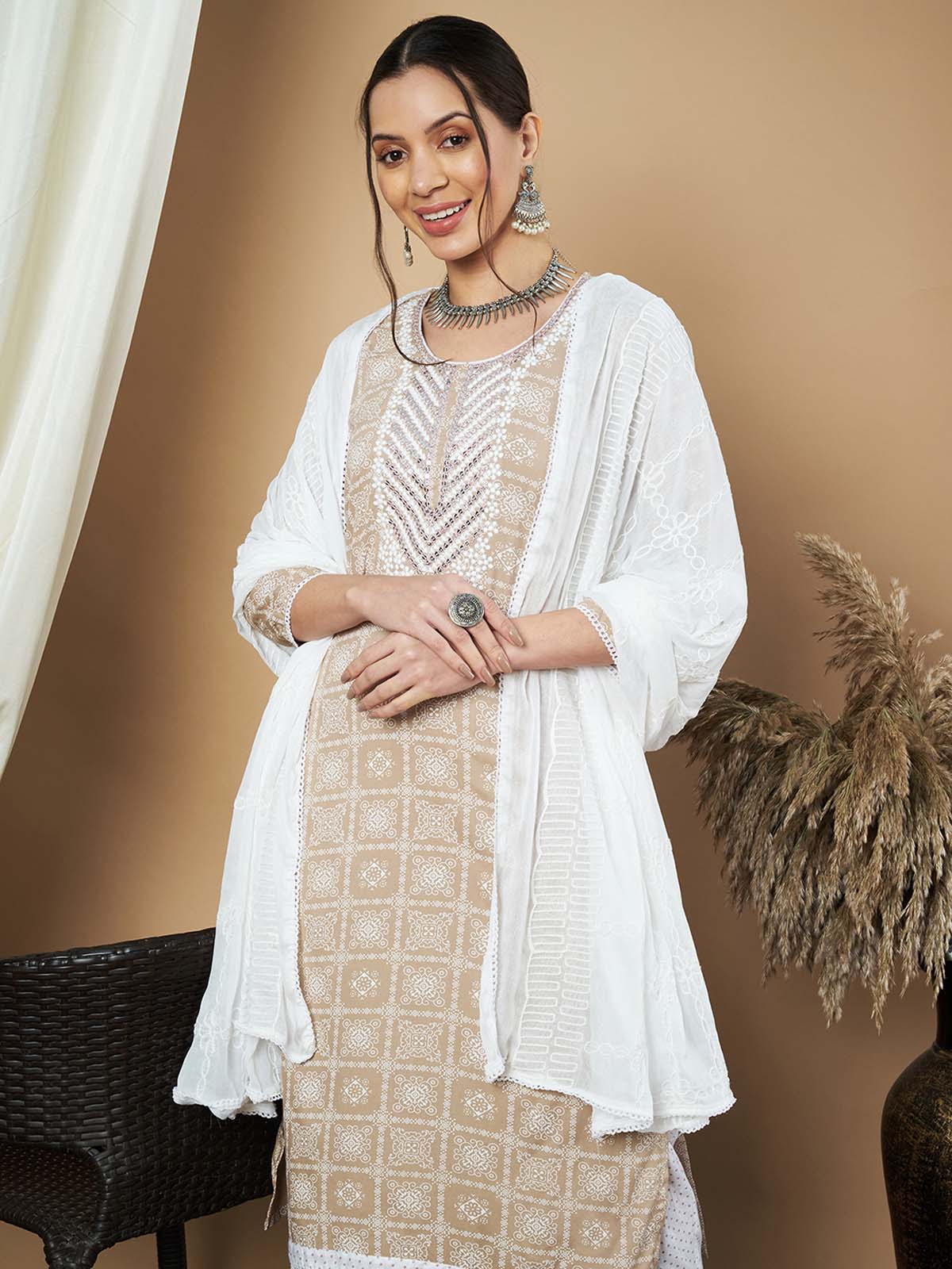 Label Khoj Ethnic Motifs Printed Sequins Embroidered Work Kurta,Trouser With  dupptta