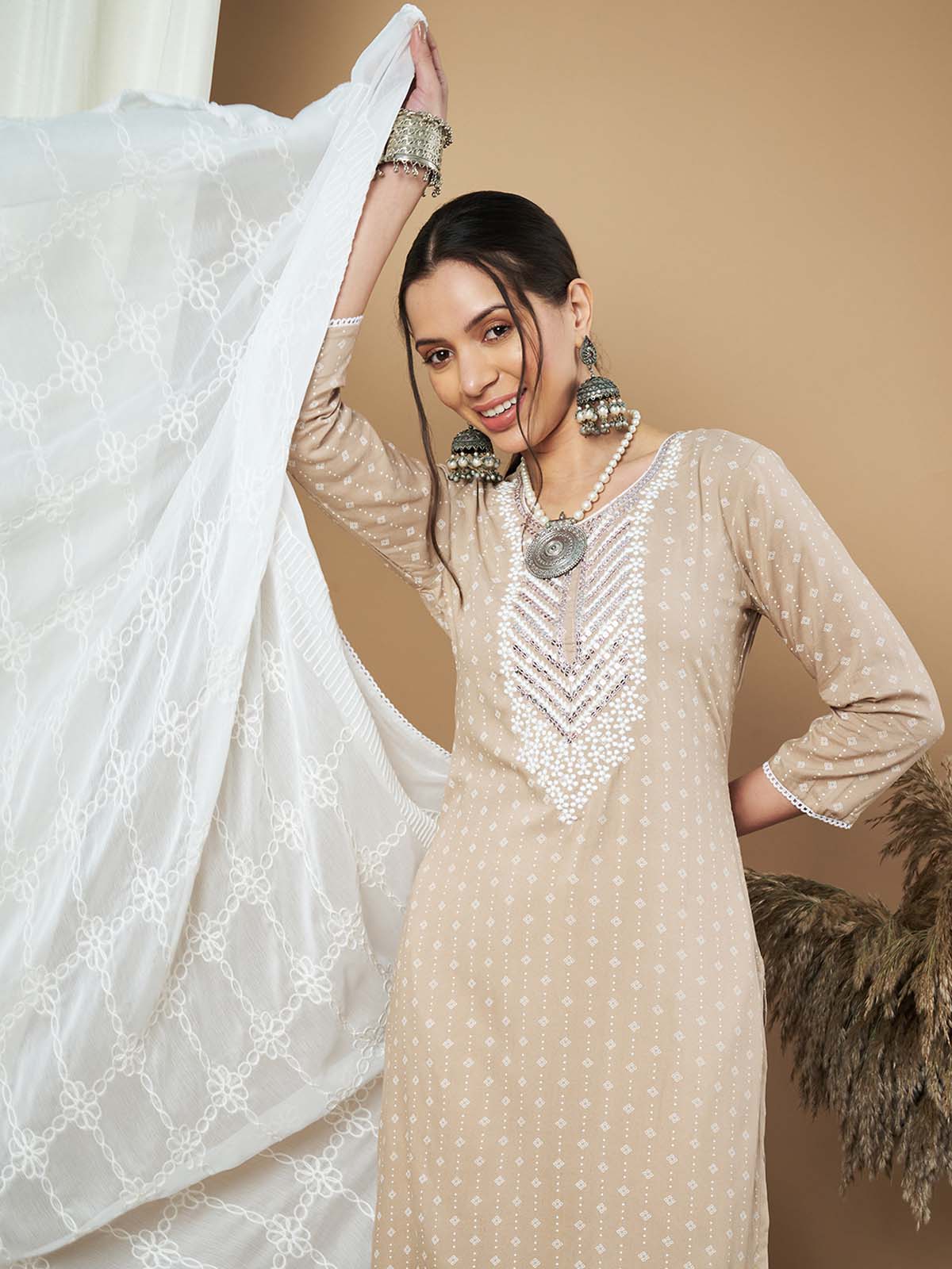 Label Khoj Ethnic Motifs Printed Sequins Embroidered Work Kurta,Trouser With  dupptta