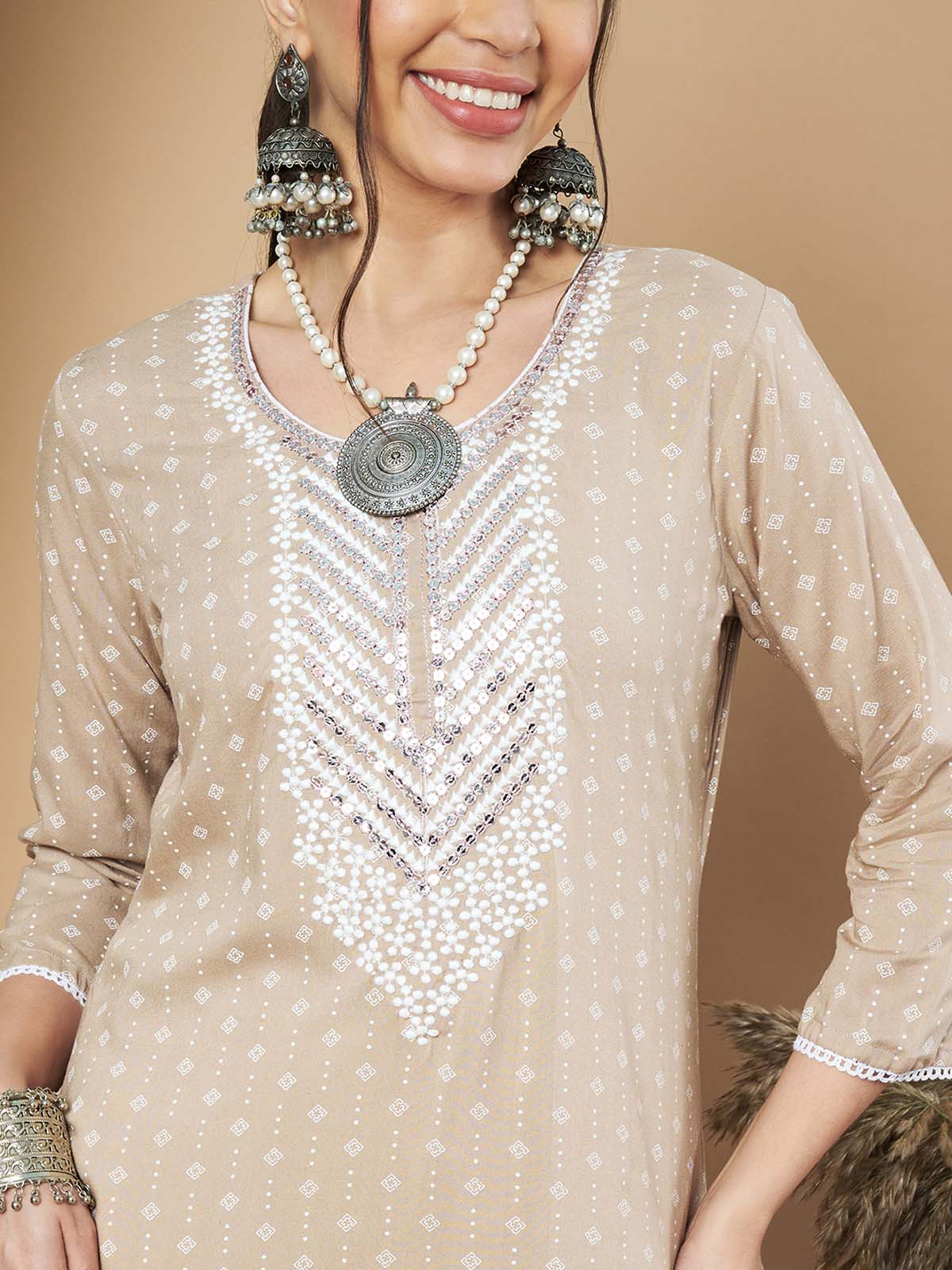 Label Khoj Ethnic Motifs Printed Sequins Embroidered Work Kurta,Trouser With  dupptta