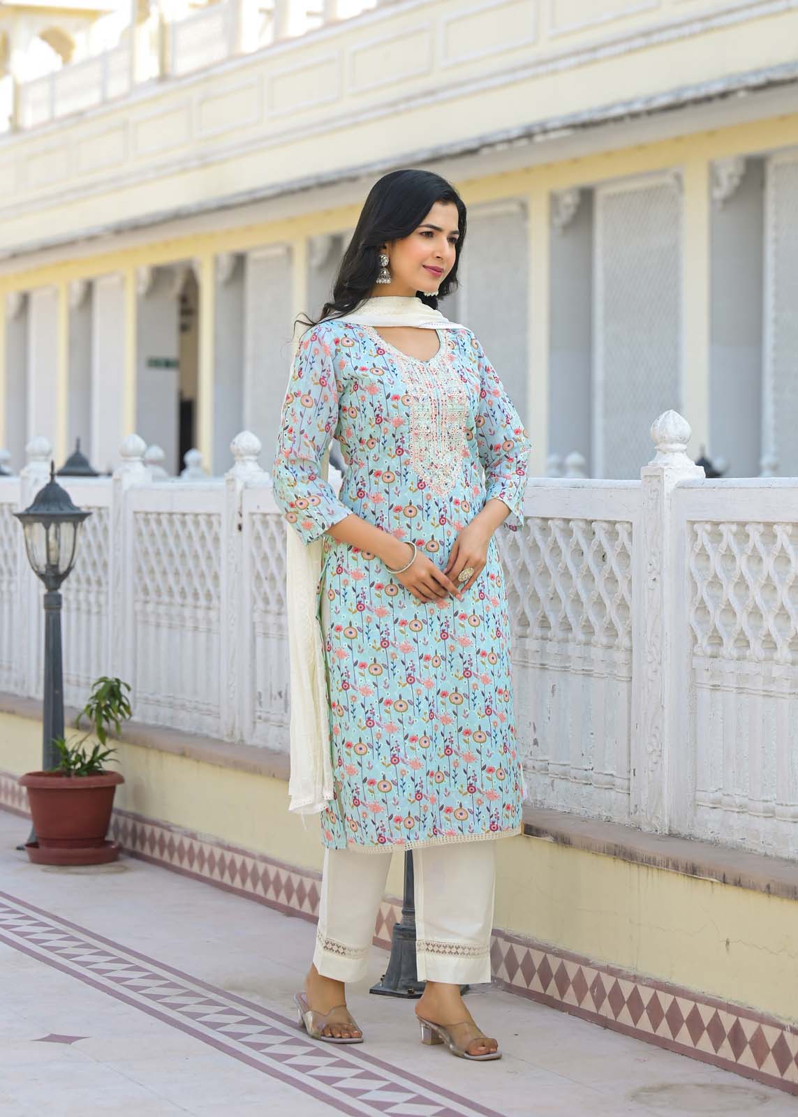 Label Khoj Women cotton kurta, trouser and dupptta set