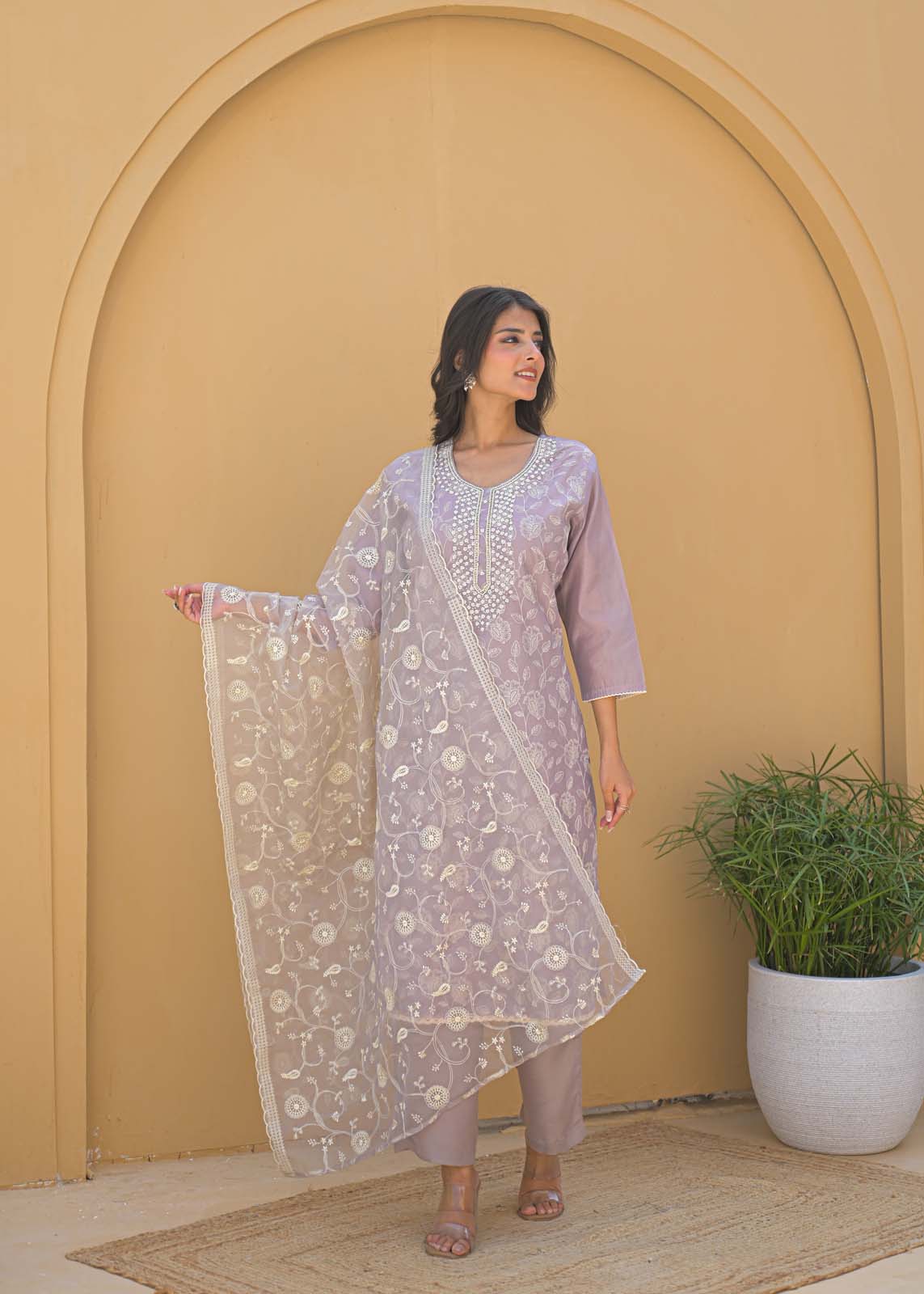 Label Khoj Women Chanderi kurta, trouser and dupptta set