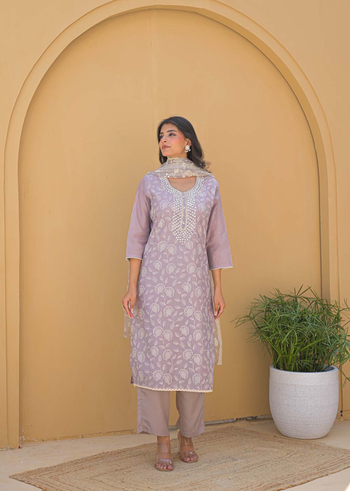 Label Khoj Women Chanderi kurta, trouser and dupptta set
