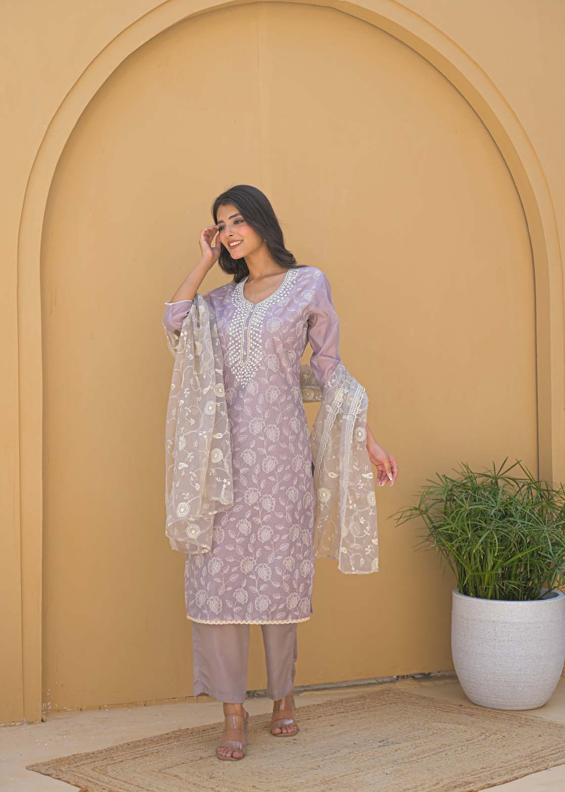 Label Khoj Women Chanderi kurta, trouser and dupptta set