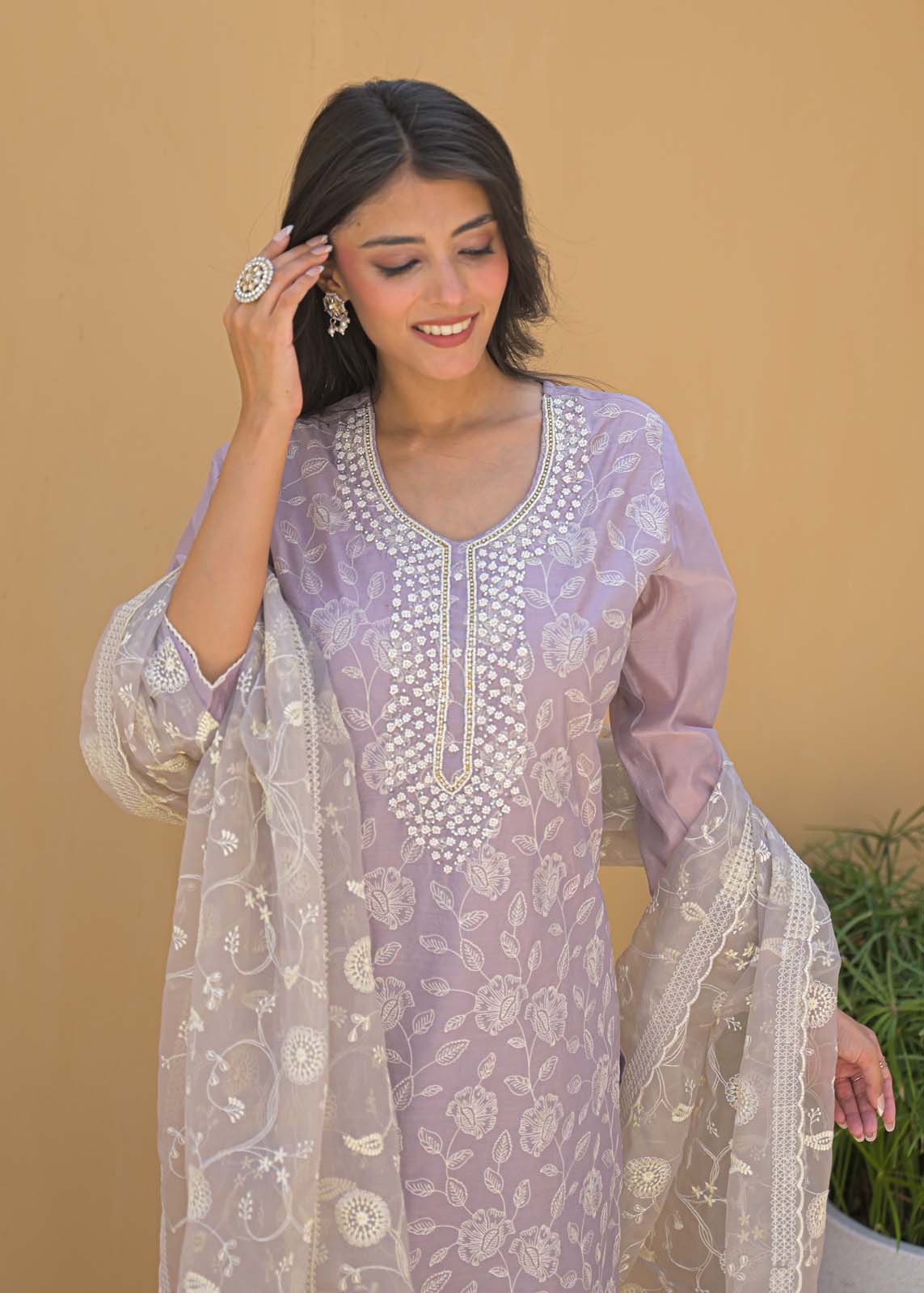Label Khoj Women Chanderi kurta, trouser and dupptta set