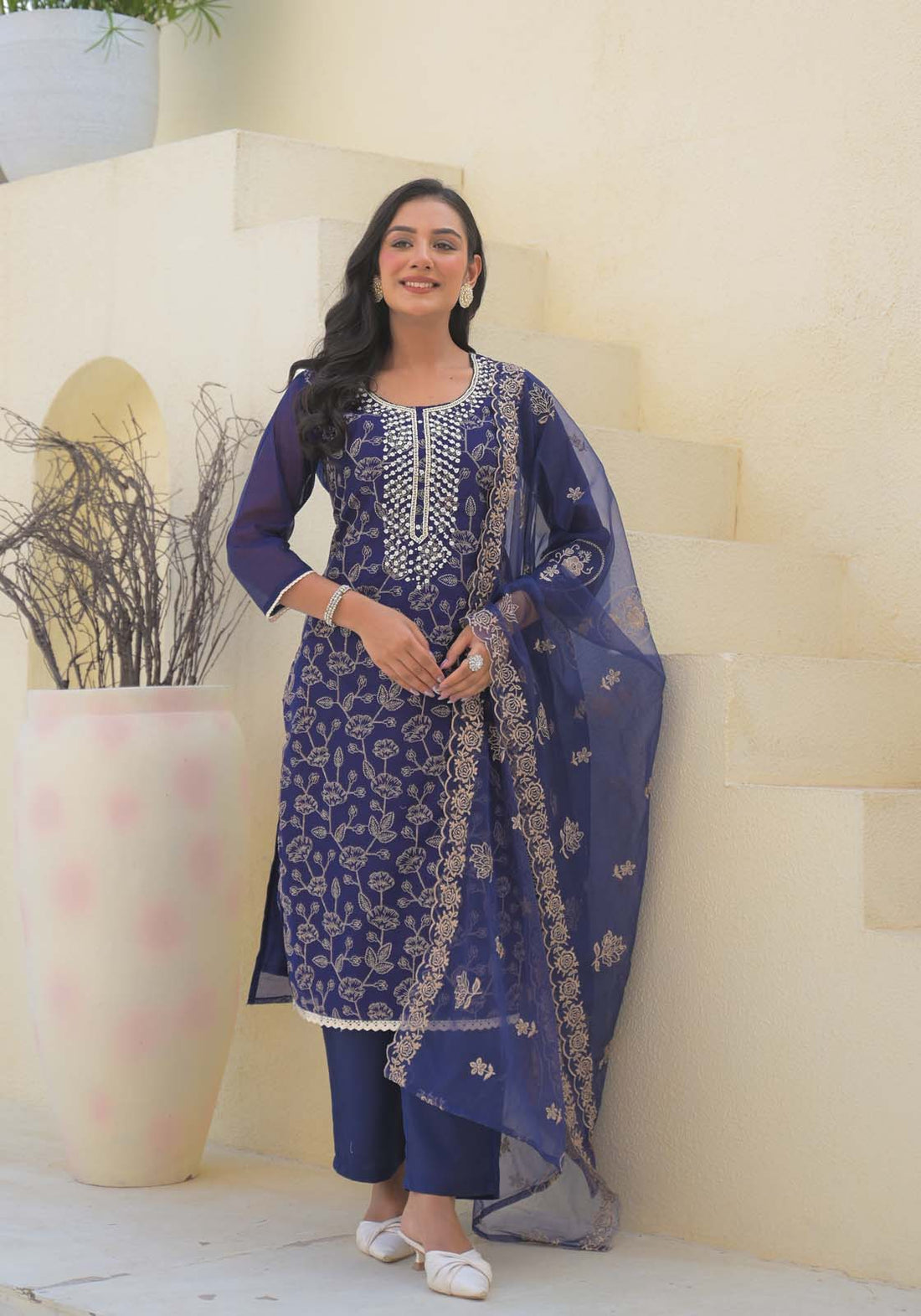Label Khoj Women Chanderi kurta, trouser and dupptta set