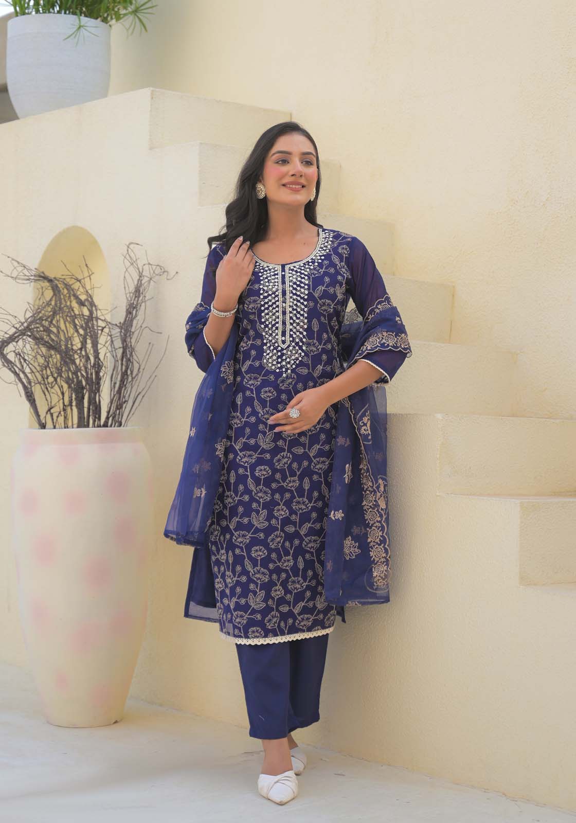 Label Khoj Women Chanderi kurta, trouser and dupptta set