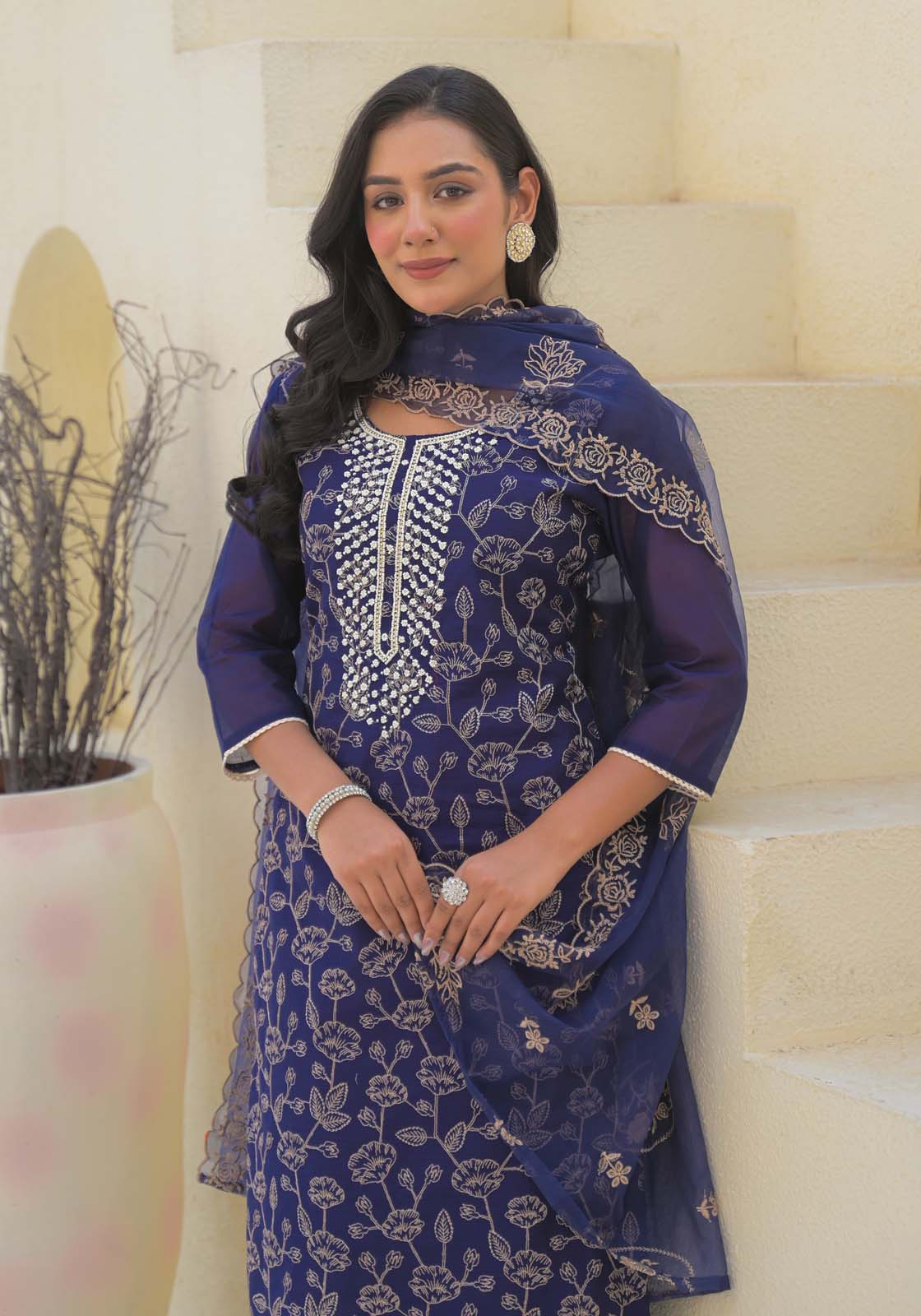 Label Khoj Women Chanderi kurta, trouser and dupptta set